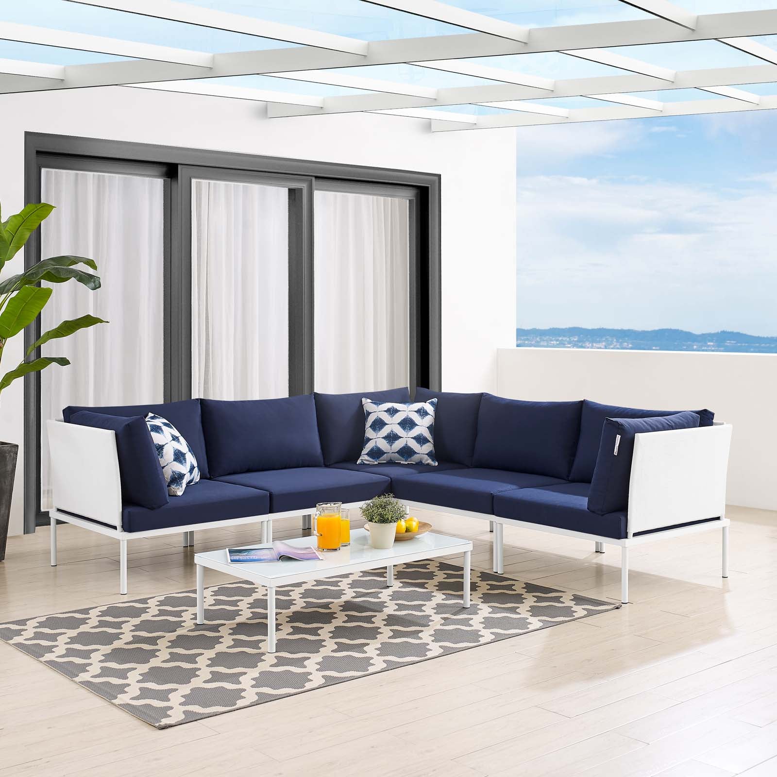 Modway Outdoor Conversation Sets - Harmony 6-Piece Sunbrella Outdoor Patio Aluminum Sectional Sofa Set White Navy