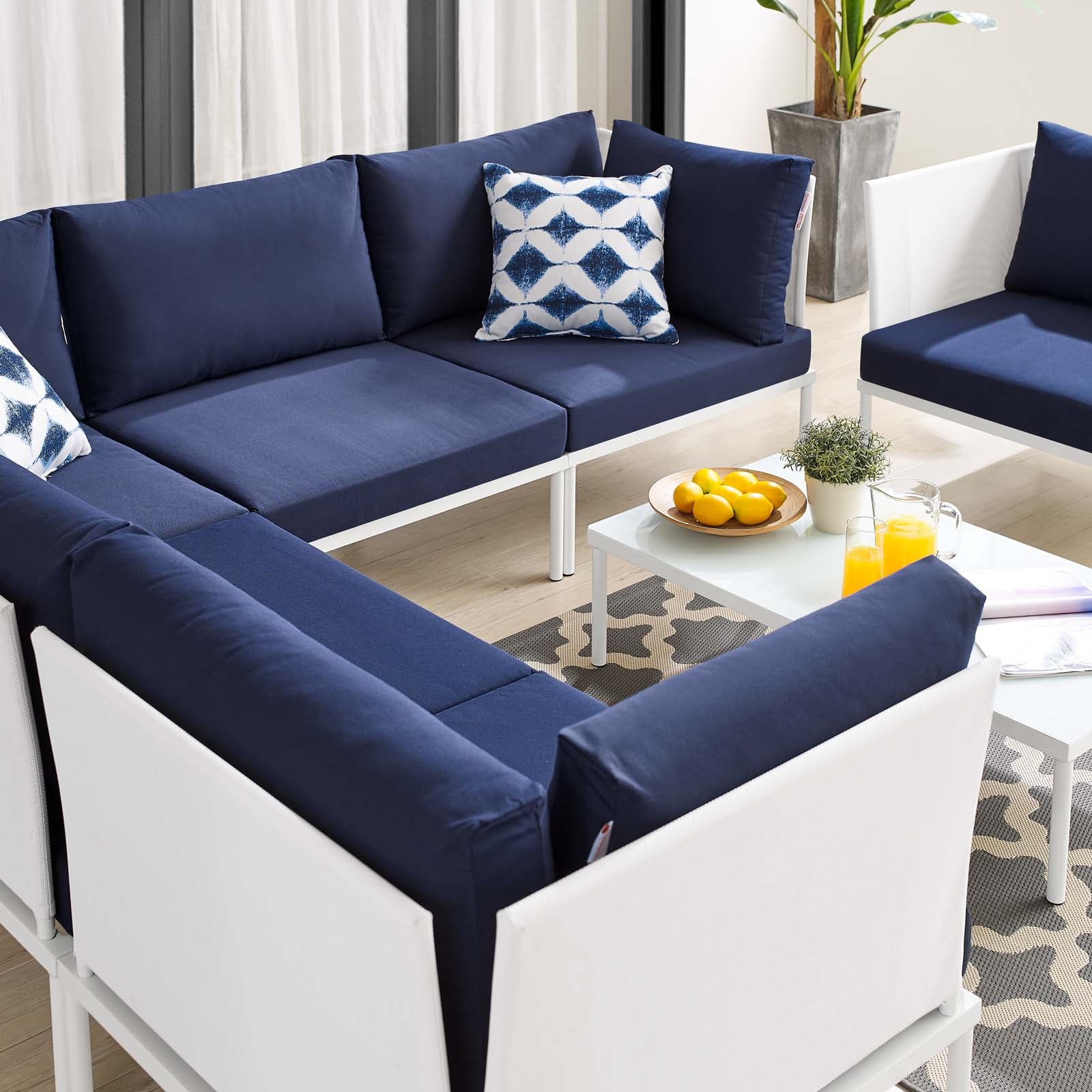 Modway Outdoor Conversation Sets - Harmony 7-Piece Sunbrella Outdoor Patio Aluminum Sectional Sofa Set White Navy