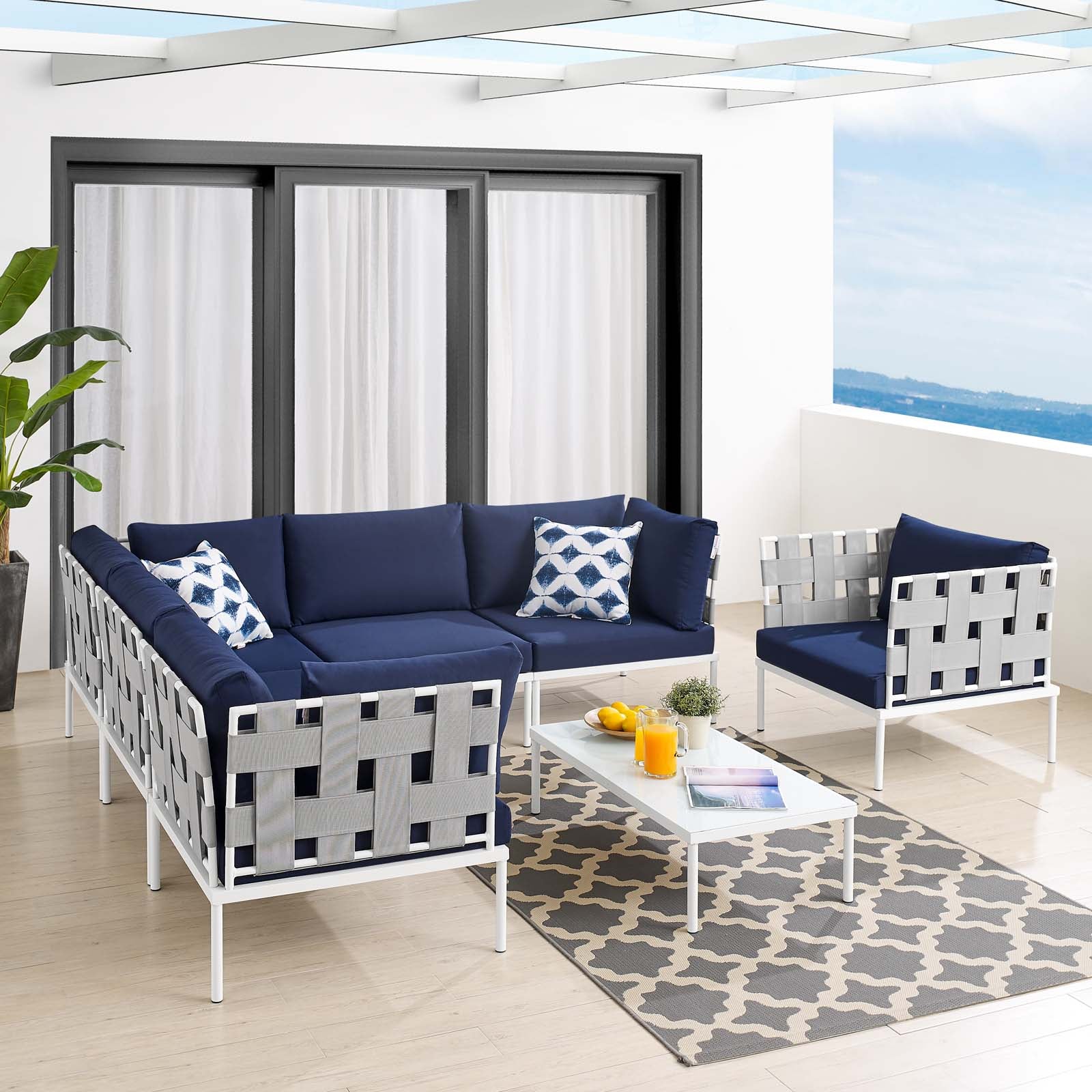 Modway Outdoor Conversation Sets - Harmony 7-Piece Sunbrella Outdoor Patio Aluminum Sectional Sofa Set Gray Navy