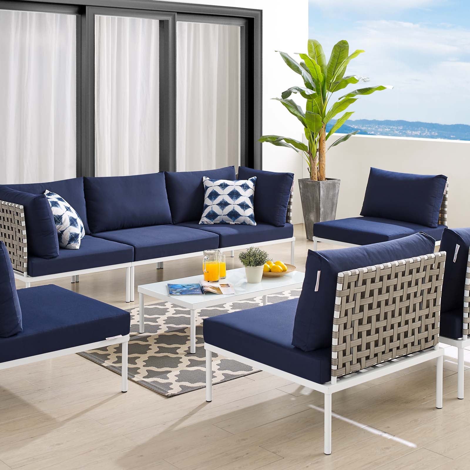 Modway Outdoor Conversation Sets - Harmony 8 Piece Sunbrella Basket Weave Outdoor Patio Sectional Sofa Set Tan Navy