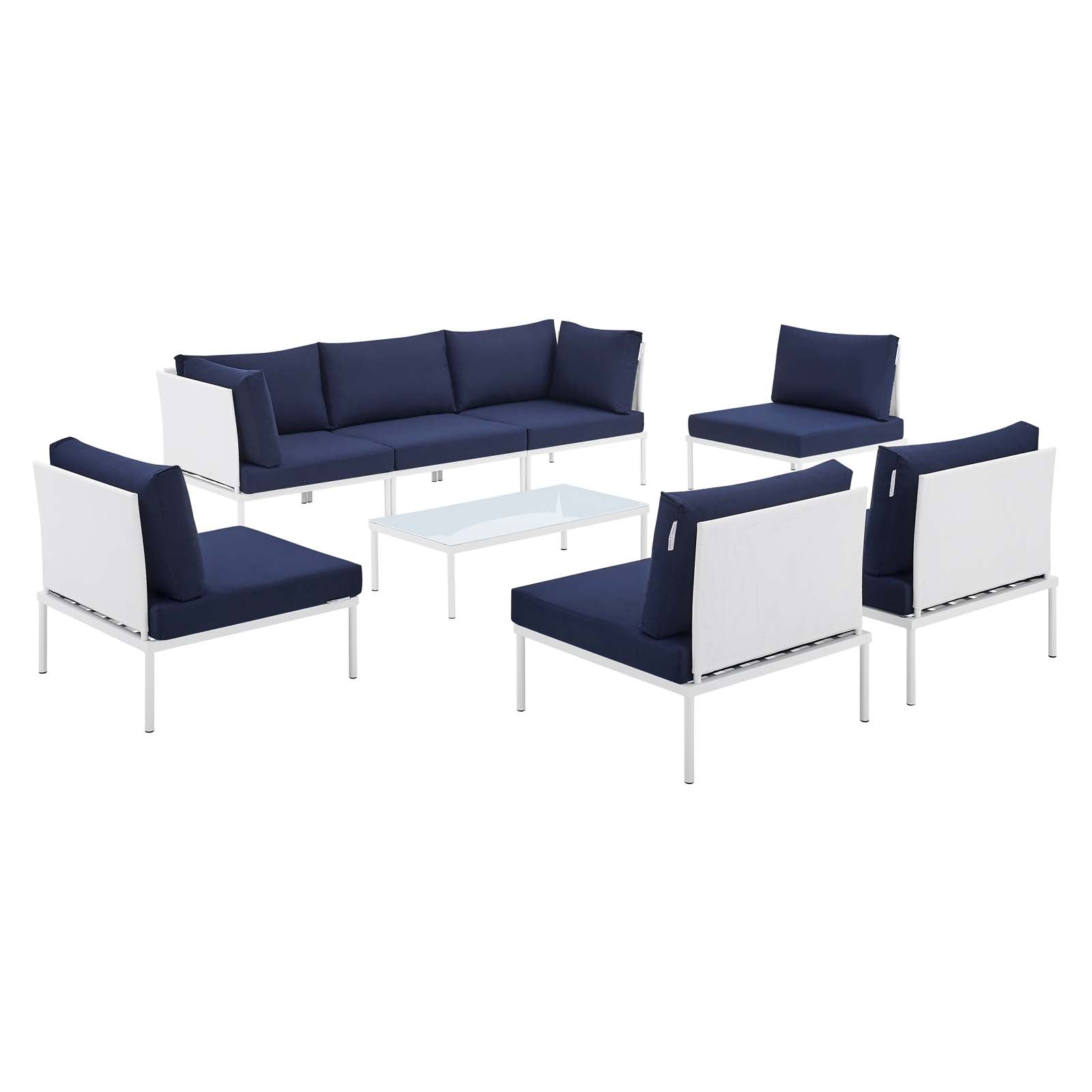 Modway Outdoor Conversation Sets - Harmony 8Piece Outdoor Patio 97" Aluminum Sectional Sofa Set White Navy