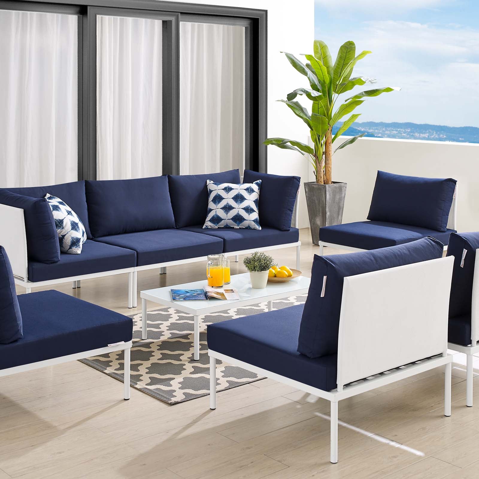 Modway Outdoor Conversation Sets - Harmony 8Piece Outdoor Patio 97" Aluminum Sectional Sofa Set White Navy