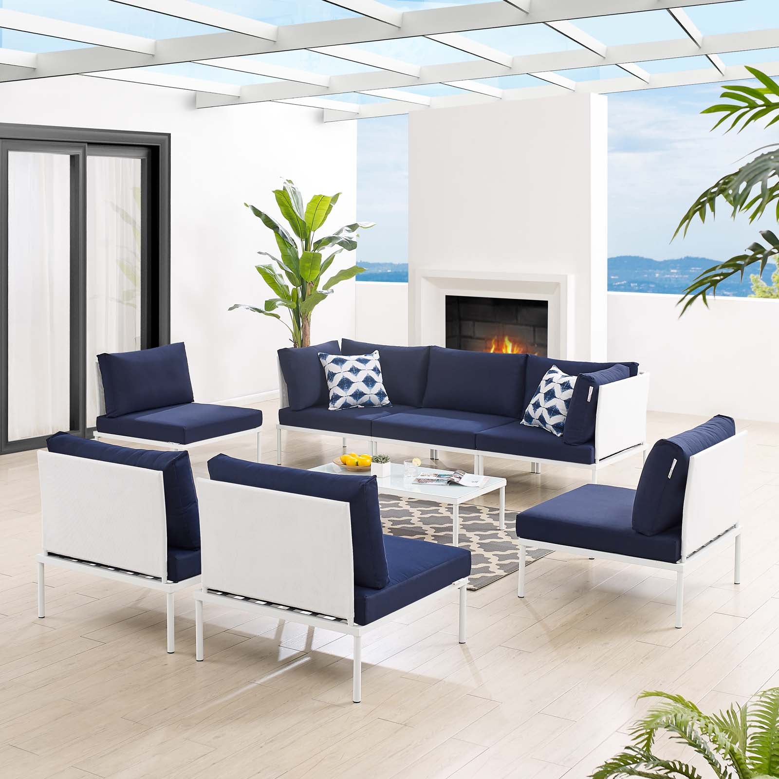 Modway Outdoor Conversation Sets - Harmony 8Piece Outdoor Patio 97" Aluminum Sectional Sofa Set White Navy