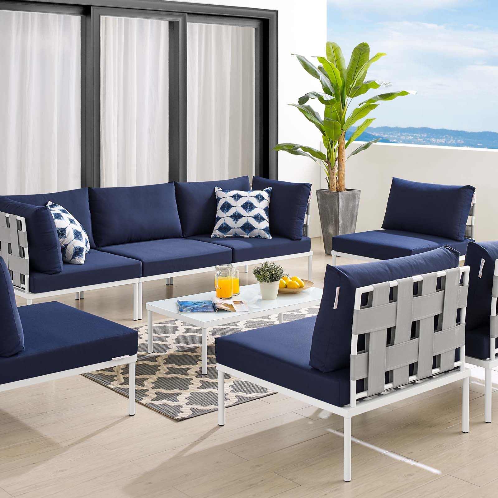 Modway Outdoor Conversation Sets - Harmony 8-Piece Sunbrella Outdoor Patio All Mesh Sectional Sofa Set Gray Navy