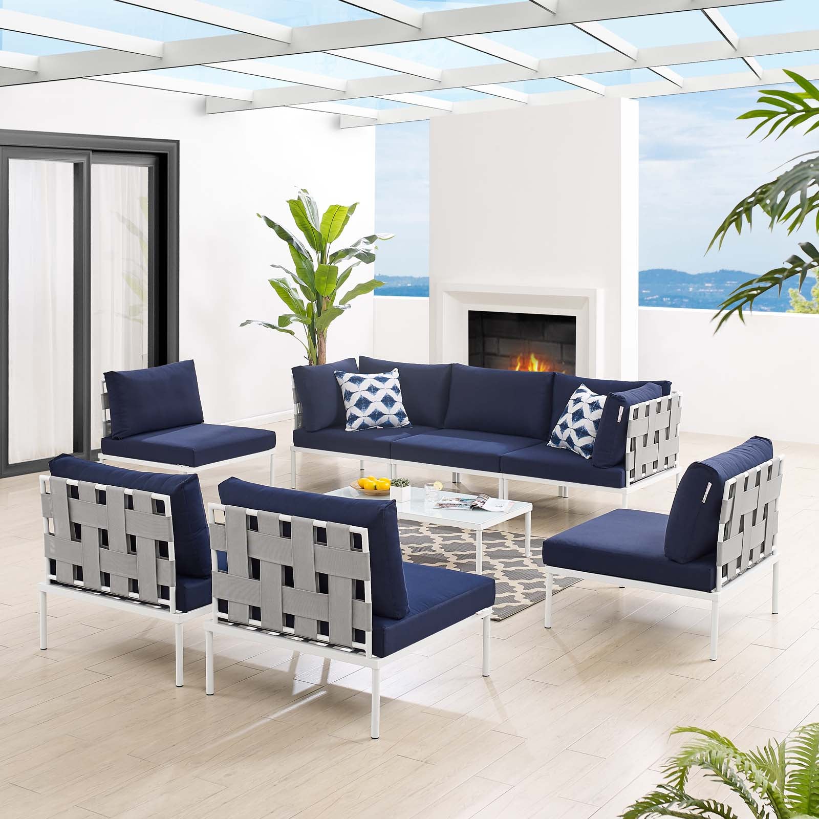 Modway Outdoor Conversation Sets - Harmony 8-Piece Sunbrella Outdoor Patio All Mesh Sectional Sofa Set Gray Navy