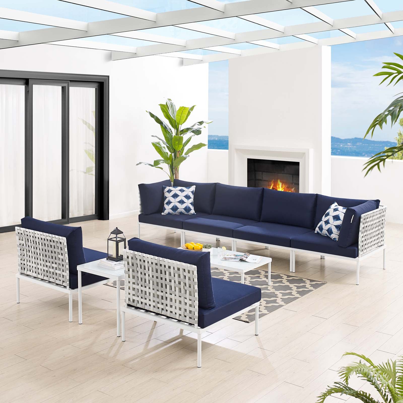 Modway Outdoor Conversation Sets - Harmony 8 Pc 32" Outdoor Patio Aluminum Sectional Sofa Set Taupe Navy