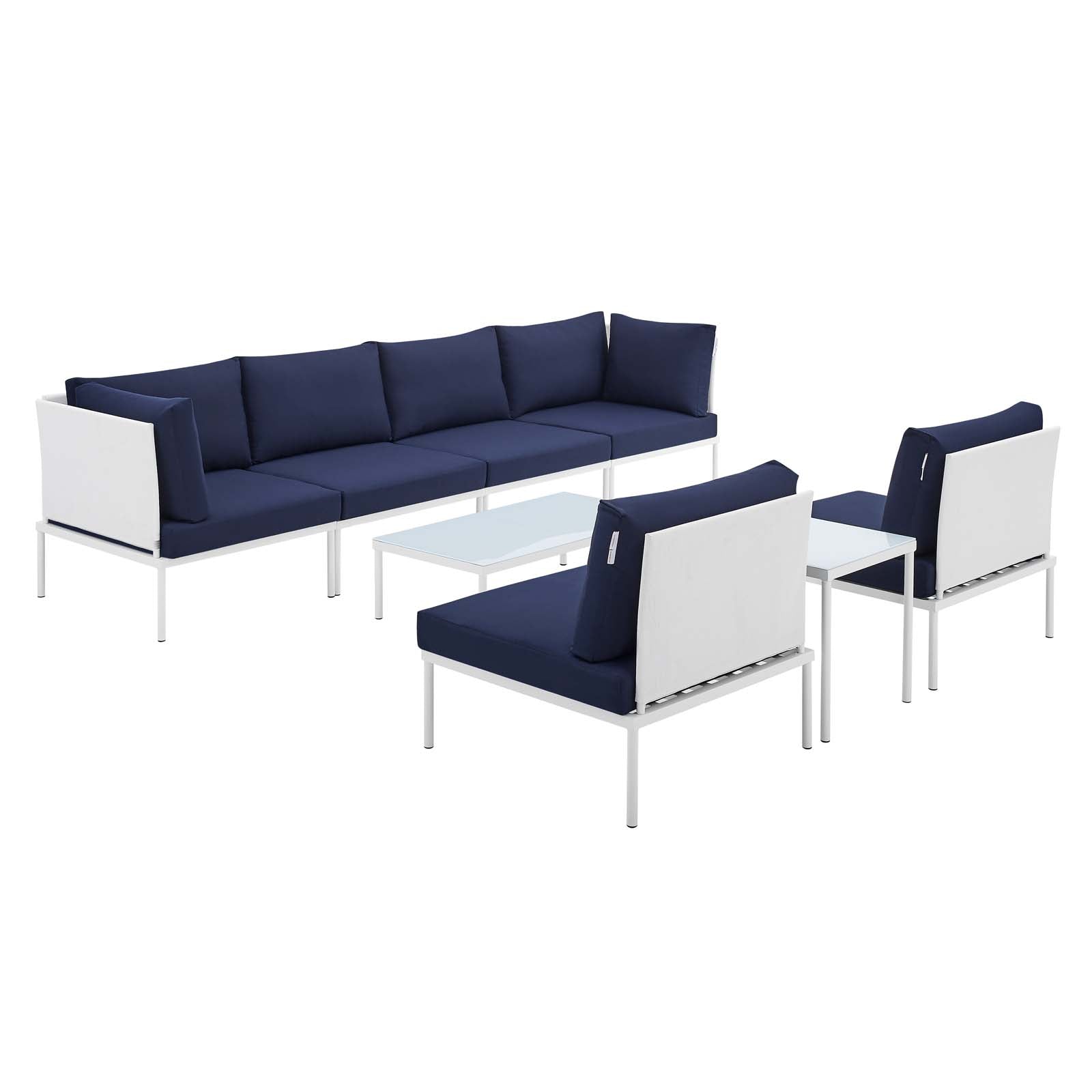 Modway Outdoor Conversation Sets - Harmony 8-Piece Sunbrella 129" Outdoor Patio Aluminum Sectional Sofa Set White Navy