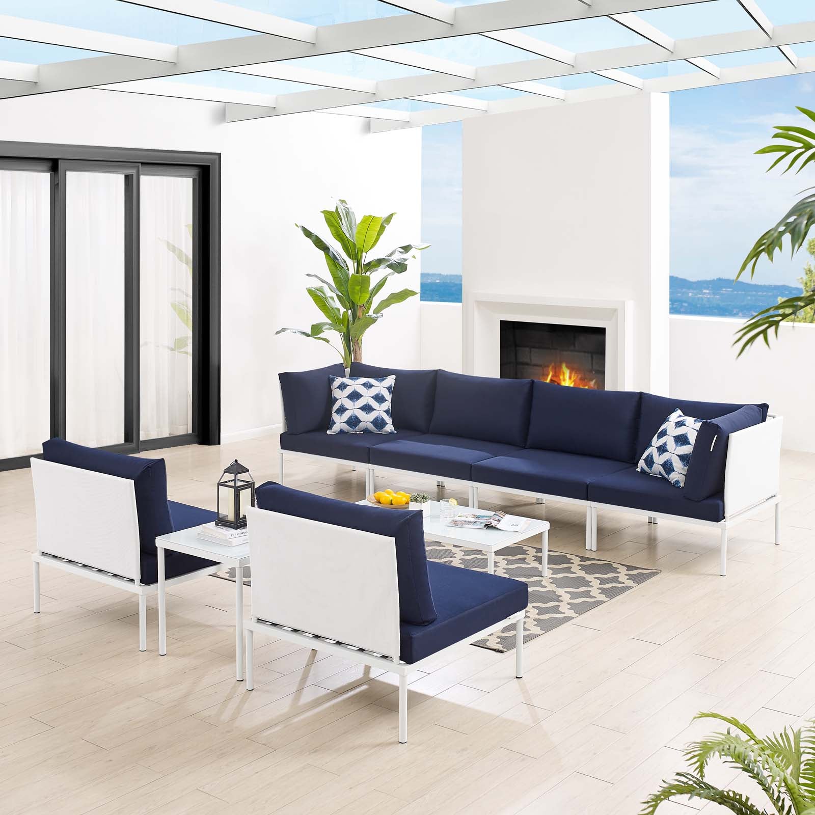 Modway Outdoor Conversation Sets - Harmony 8-Piece Sunbrella 129" Outdoor Patio Aluminum Sectional Sofa Set White Navy