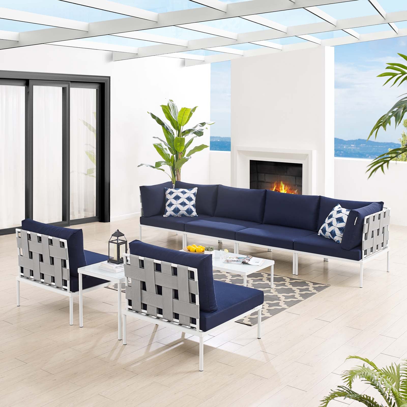 Modway Outdoor Conversation Sets - Harmony 8-Piece 87.5" Sunbrella Outdoor Patio Aluminum Sectional Sofa Set Gray Navy