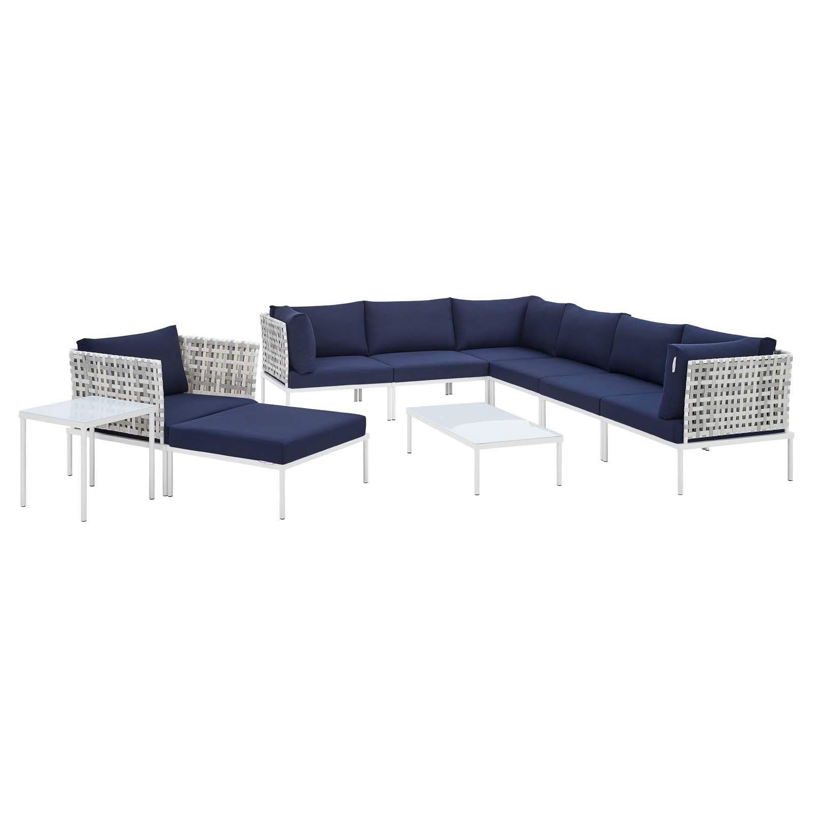 Modway Outdoor Conversation Sets - Harmony 10 Piece Sunbrella Basket Weave Outdoor Patio Aluminum Sectional Sofa Set Taupe Navy