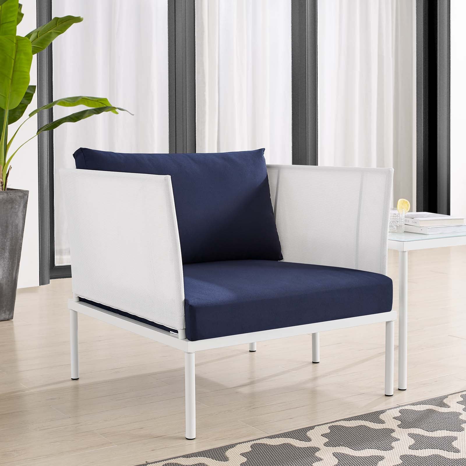 Modway Outdoor Chairs - Harmony Sunbrella Outdoor Patio Aluminum Armchair White Navy