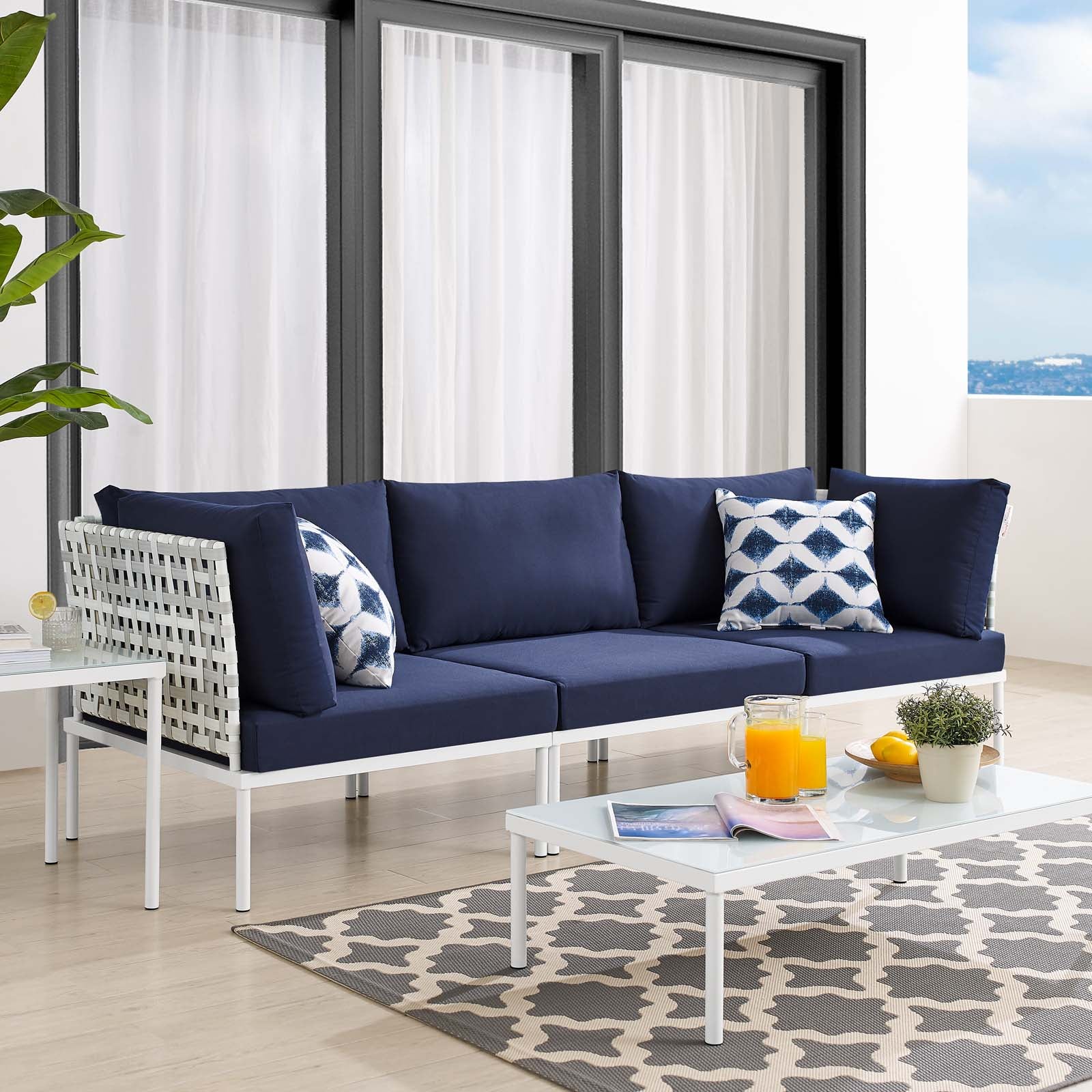 Modway Outdoor Sofas - Harmony Sunbrella Basket Weave Outdoor Patio Aluminum Sofa Taupe Navy