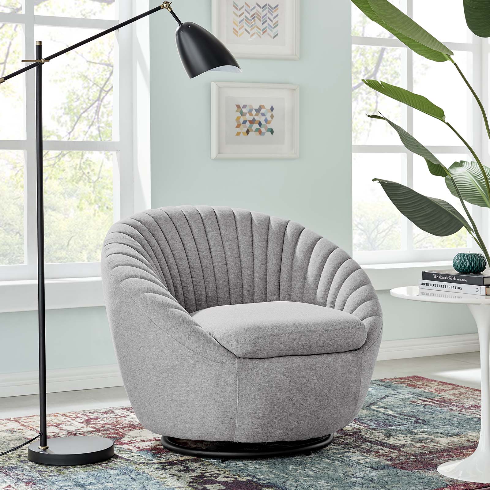 Modway Accent Chairs - Whirr Tufted Fabric Fabric Swivel Chair Black Light Gray