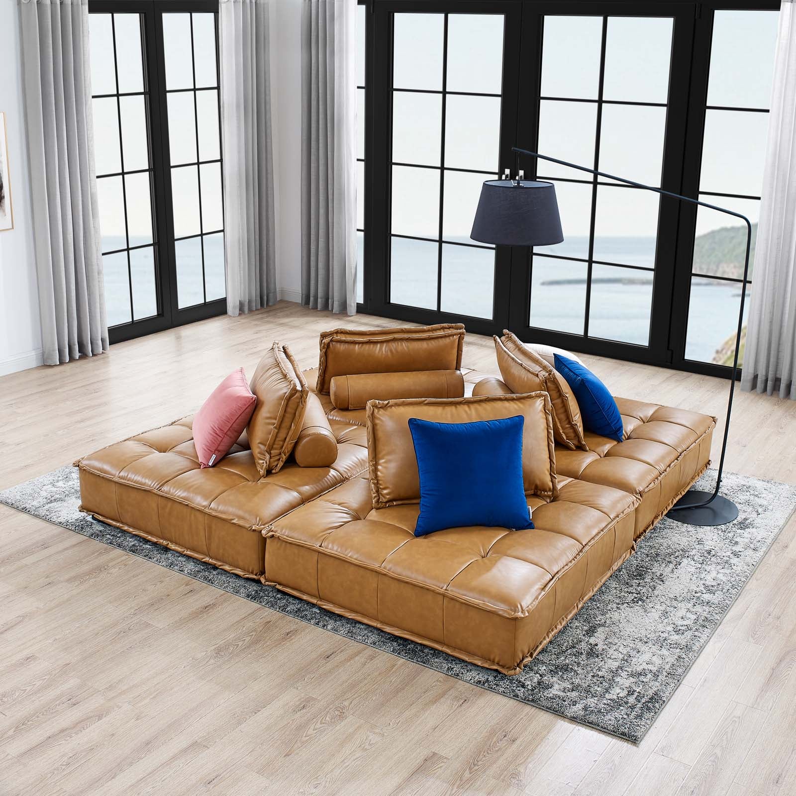 Modway Sectional Sofas - Saunter Tufted Vegan Leather Vegan Leather 4-Piece Sectional Sofa Tan