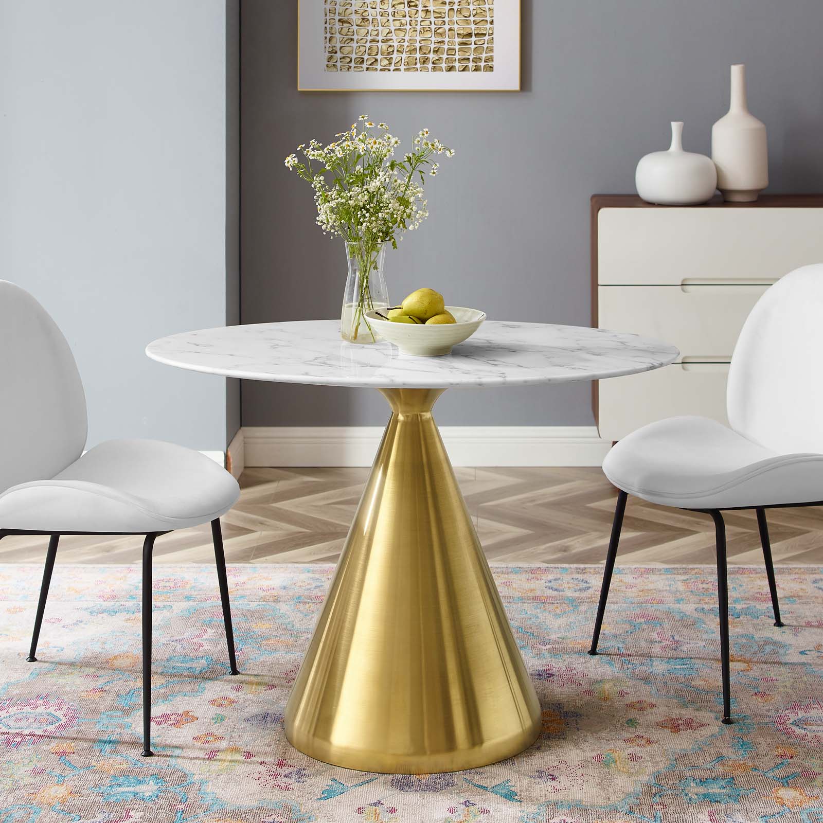 Modway Dining Tables - Tupelo 42" Oval Artificial Marble Dining Table Gold White