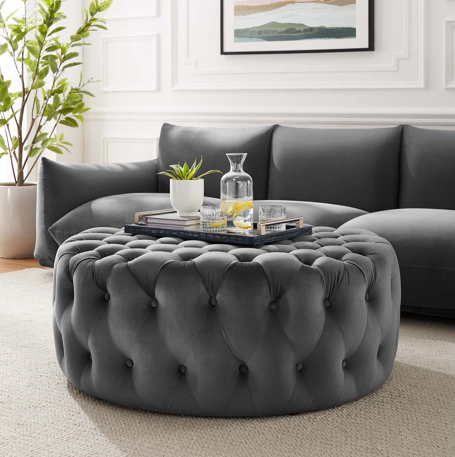 Modway Ottomans & Stools - Amour Tufted Button Large Round Performance Velvet Ottoman Gray