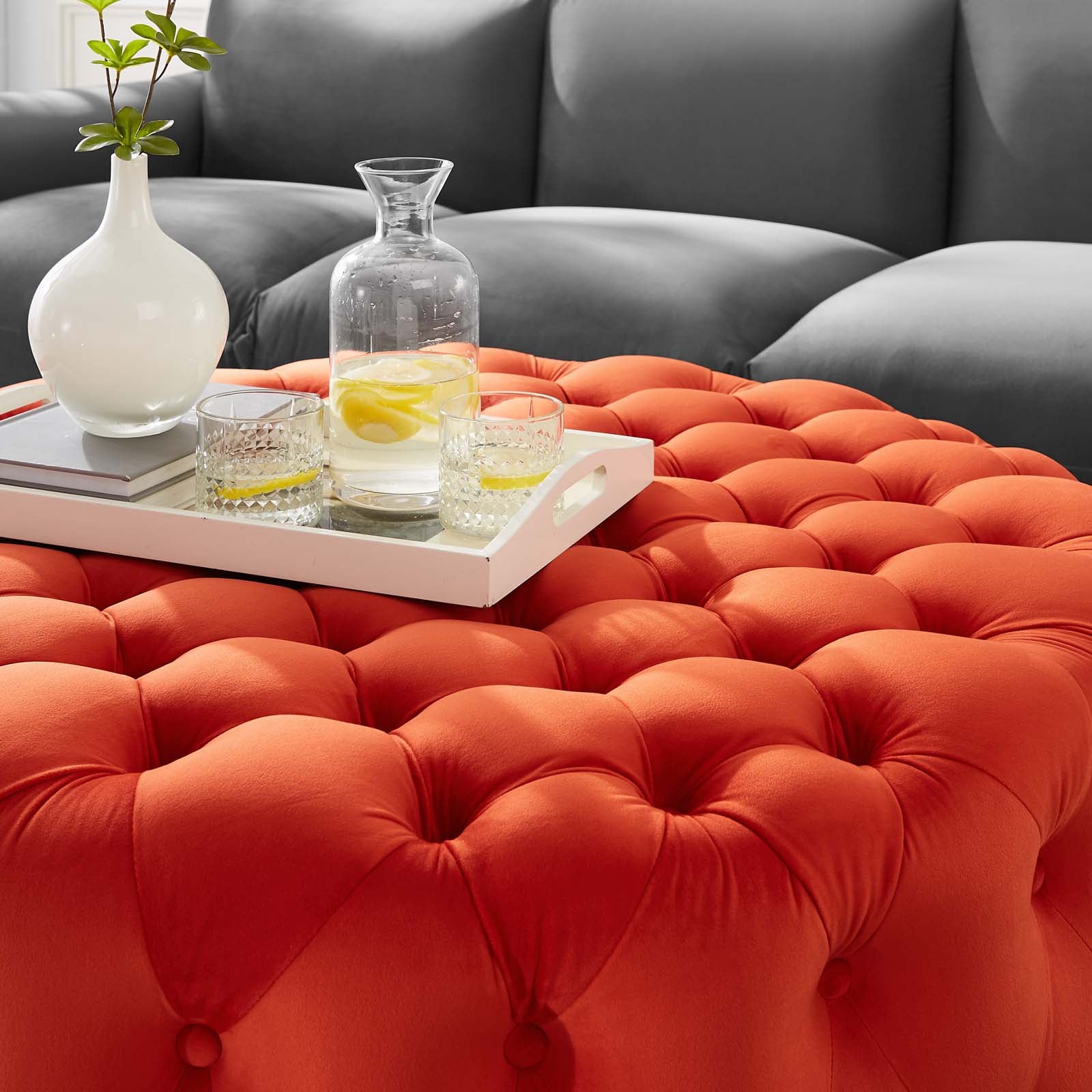 Modway Ottomans & Stools - Amour Tufted Button Large Round Performance Velvet Ottoman Orange