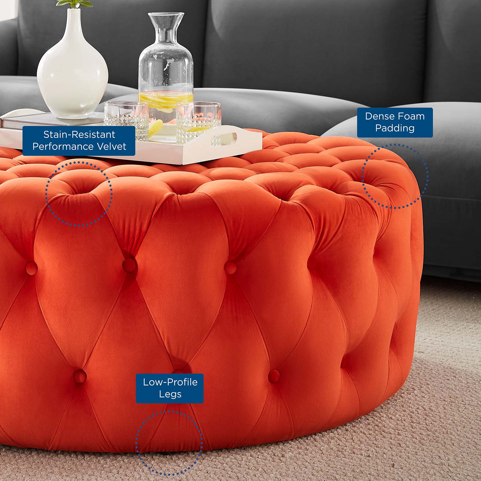 Modway Ottomans & Stools - Amour Tufted Button Large Round Performance Velvet Ottoman Orange