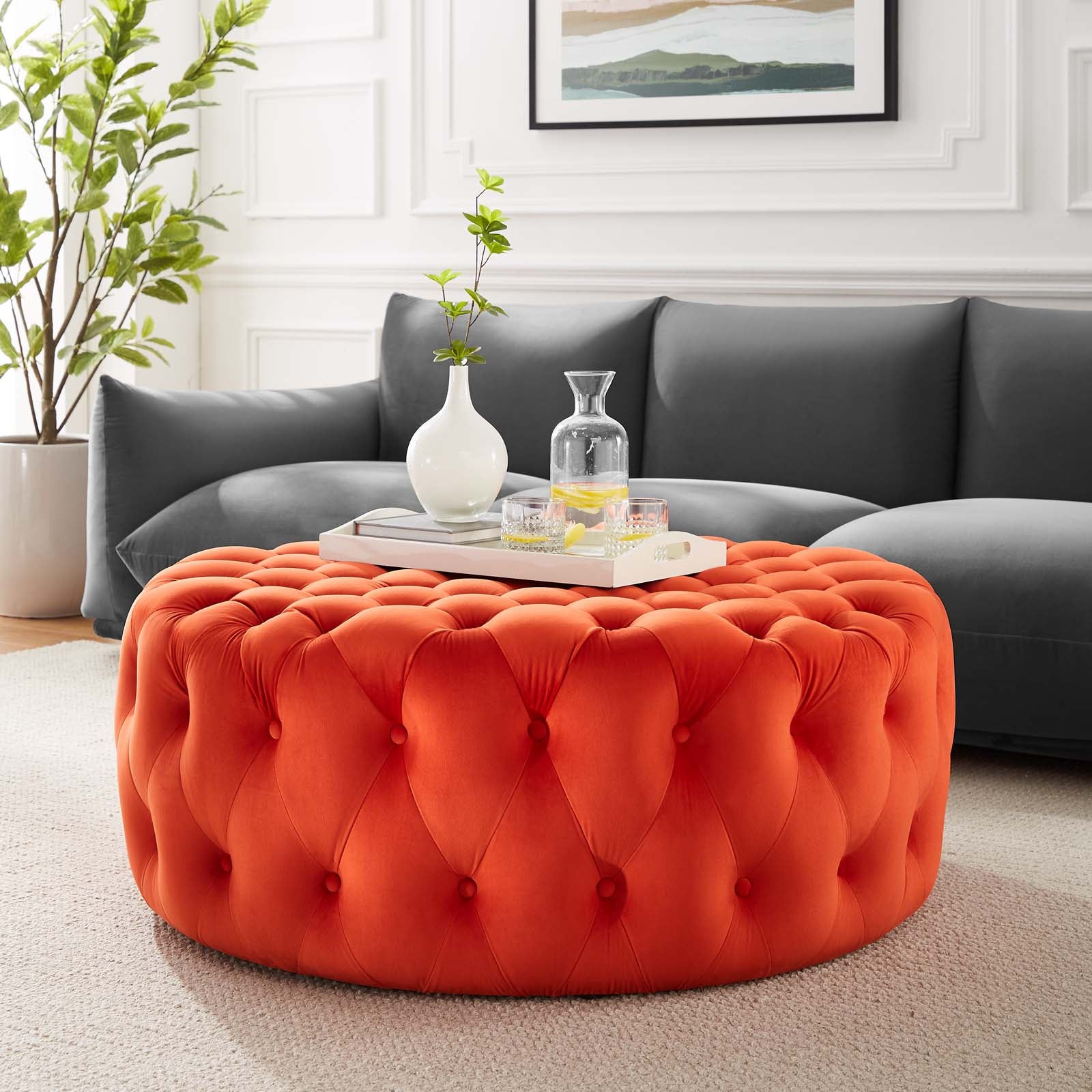 Modway Ottomans & Stools - Amour Tufted Button Large Round Performance Velvet Ottoman Orange