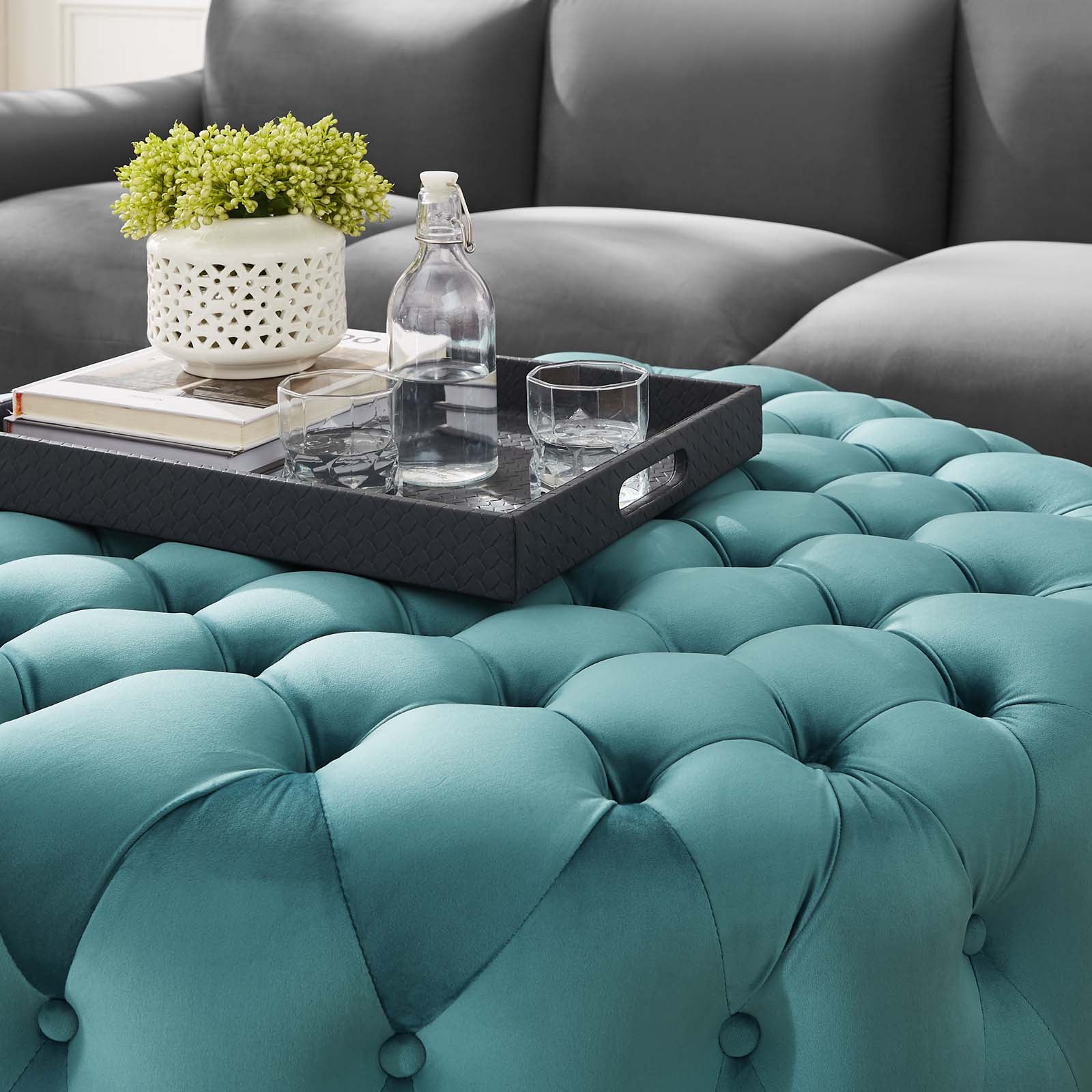 Modway Ottomans & Stools - Amour Tufted Button Large Round Performance Velvet Ottoman Sea Blue