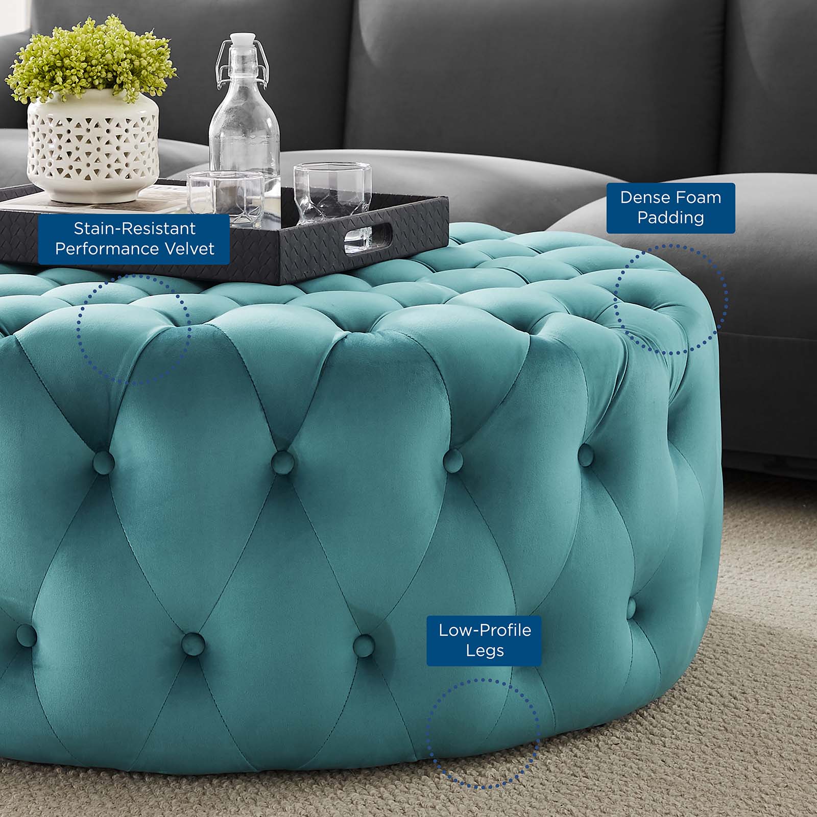 Modway Ottomans & Stools - Amour Tufted Button Large Round Performance Velvet Ottoman Sea Blue