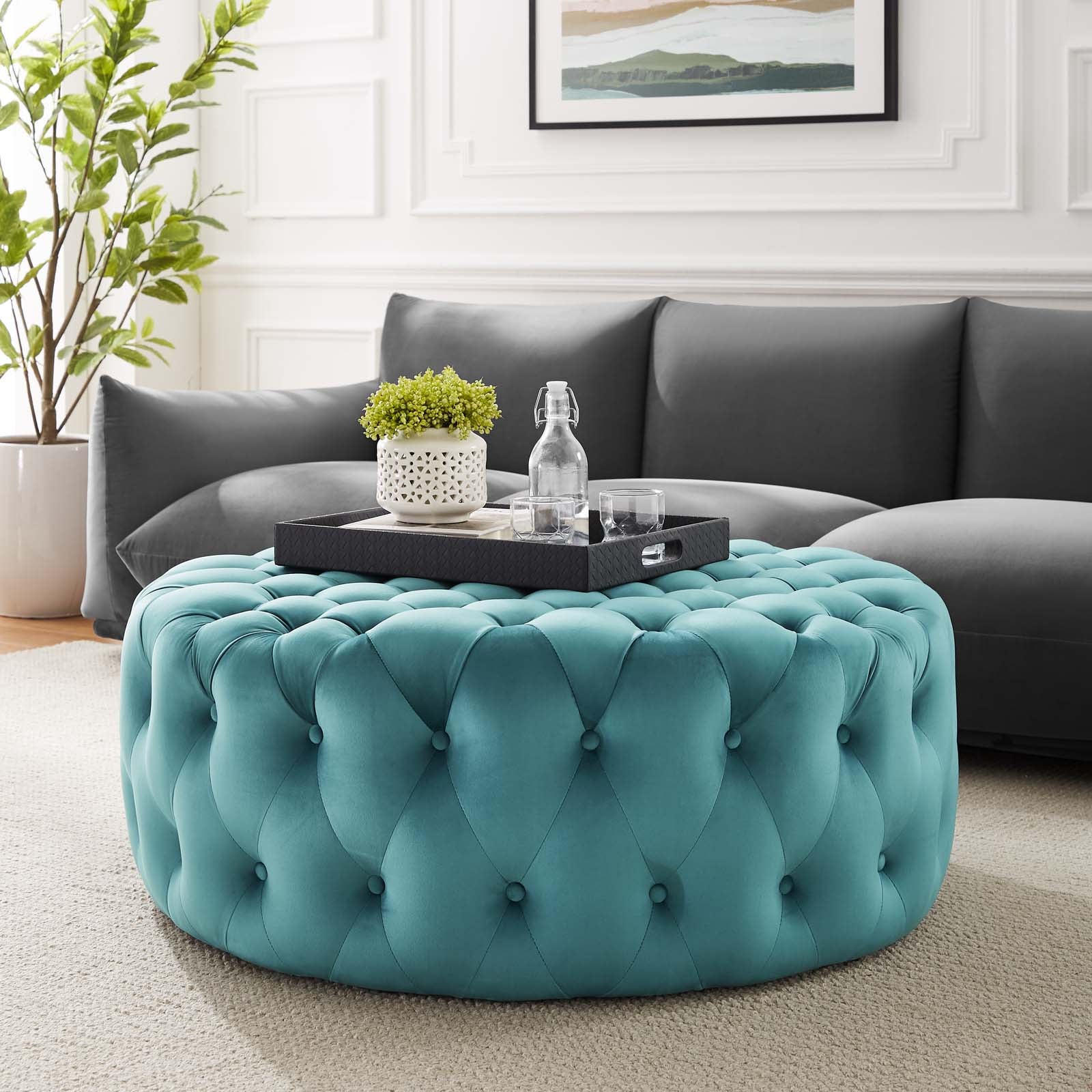 Modway Ottomans & Stools - Amour Tufted Button Large Round Performance Velvet Ottoman Sea Blue