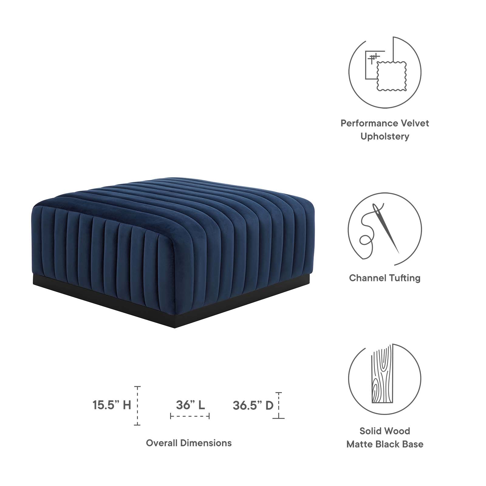 Modway Ottomans & Stools - Conjure Channel Tufted Performance Velvet Ottoman Black Midnight Blue