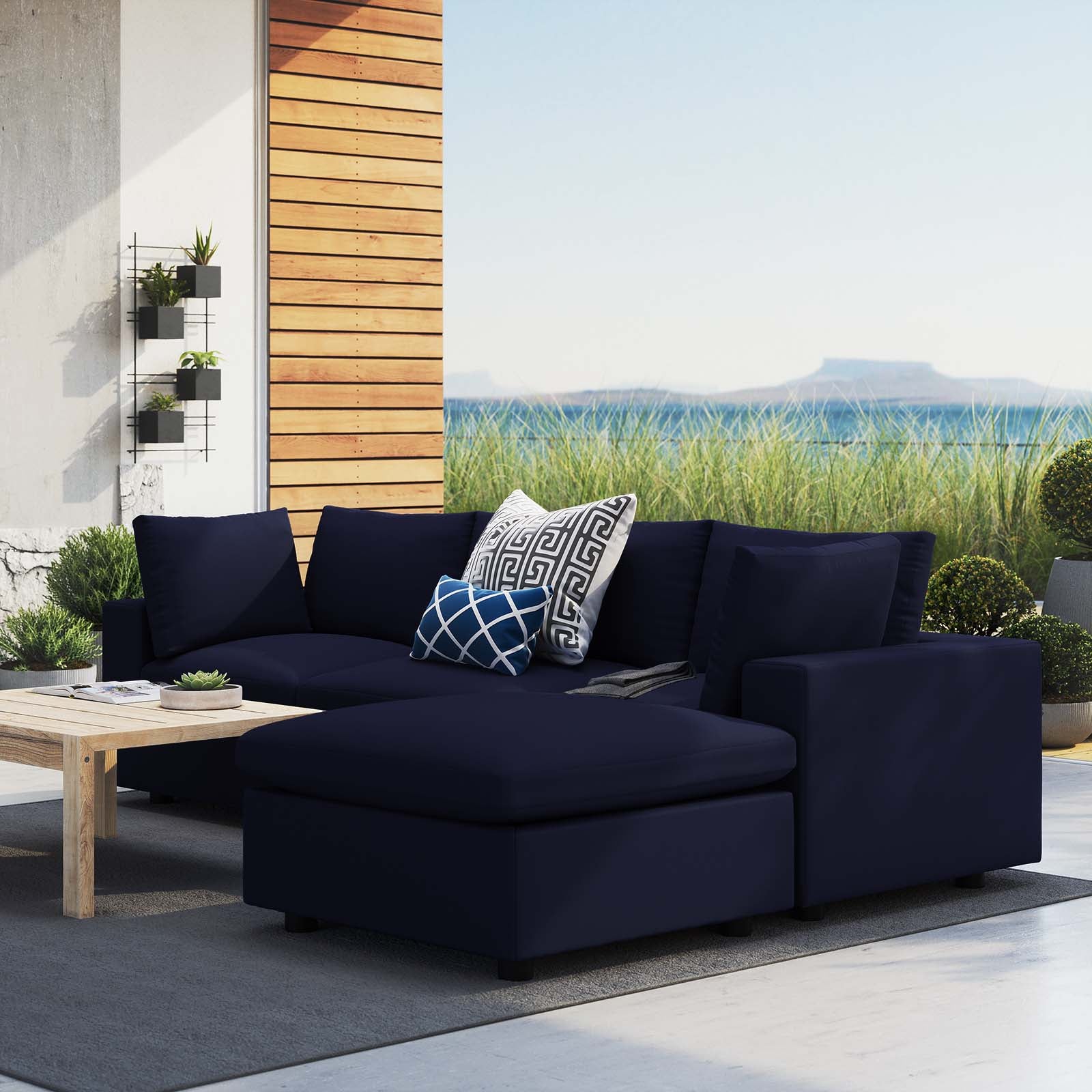 Modway Outdoor Conversation Sets - Commix 4-Piece Sunbrella Outdoor Patio 108 " W Sectional Sofa Navy