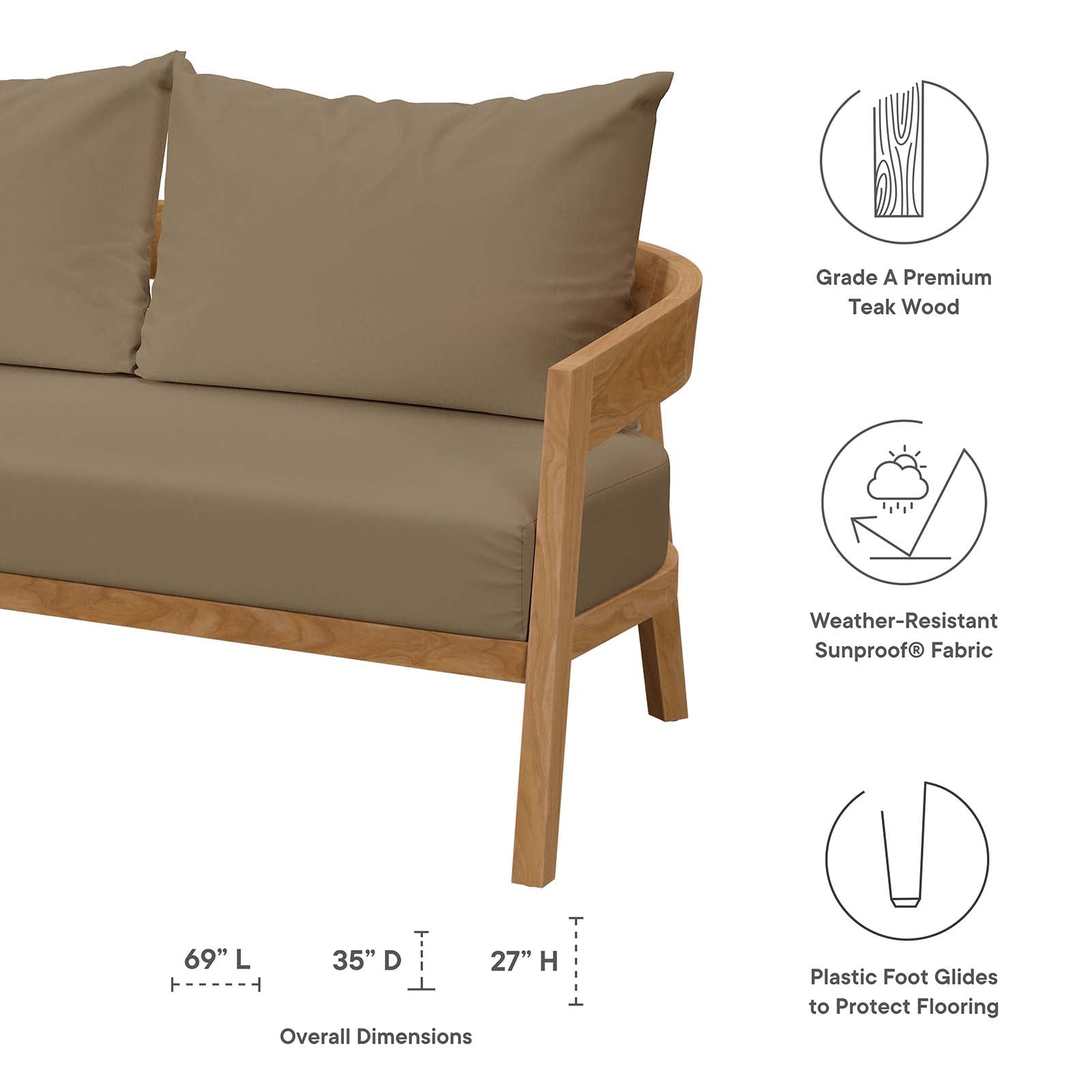 Modway Outdoor Sofas - Brisbane Teak Wood Outdoor Patio Loveseat Natural Light Brown