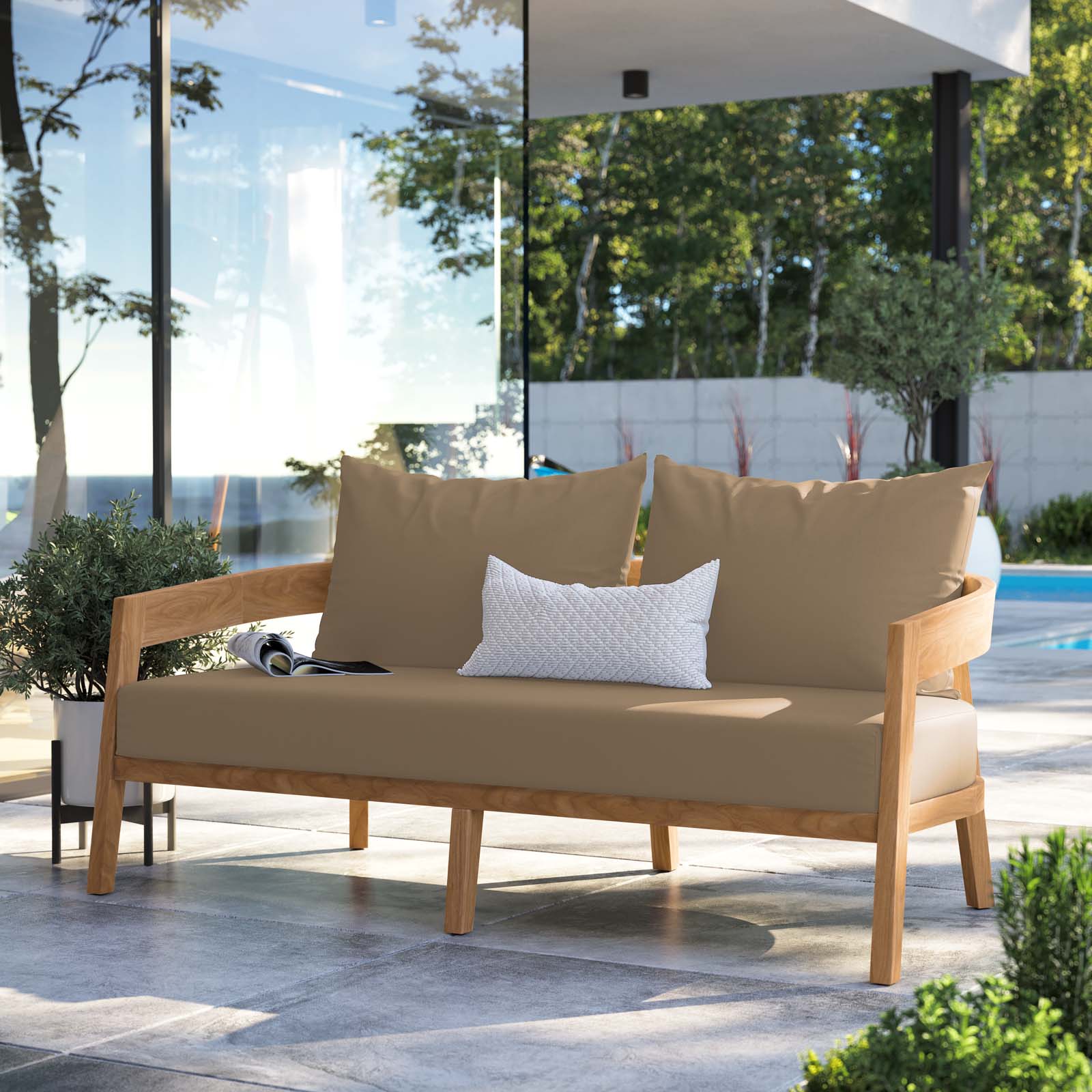 Modway Outdoor Sofas - Brisbane Teak Wood Outdoor Patio Loveseat Natural Light Brown