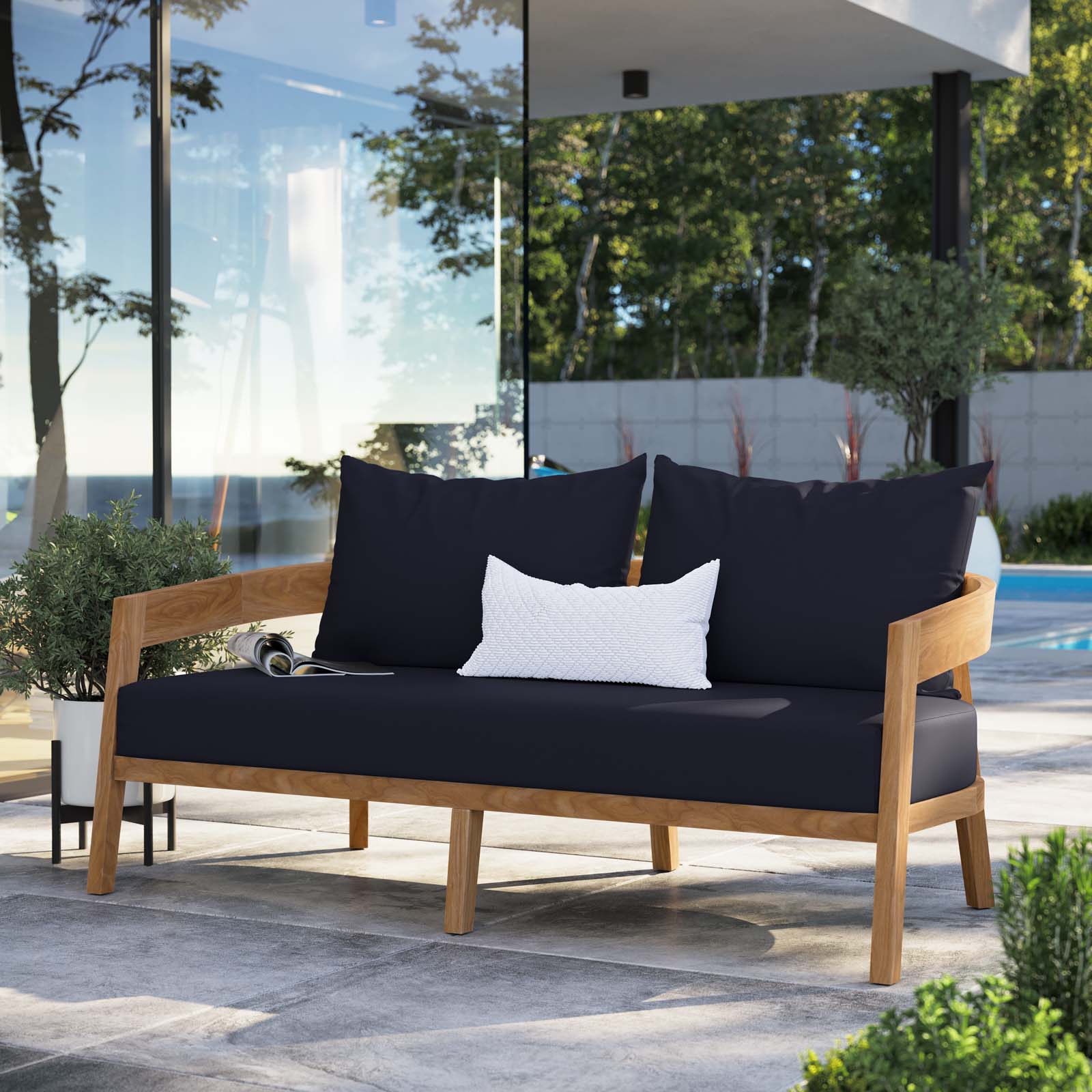 Modway Outdoor Sofas - Brisbane Teak Wood Outdoor Patio Loveseat Natural Navy