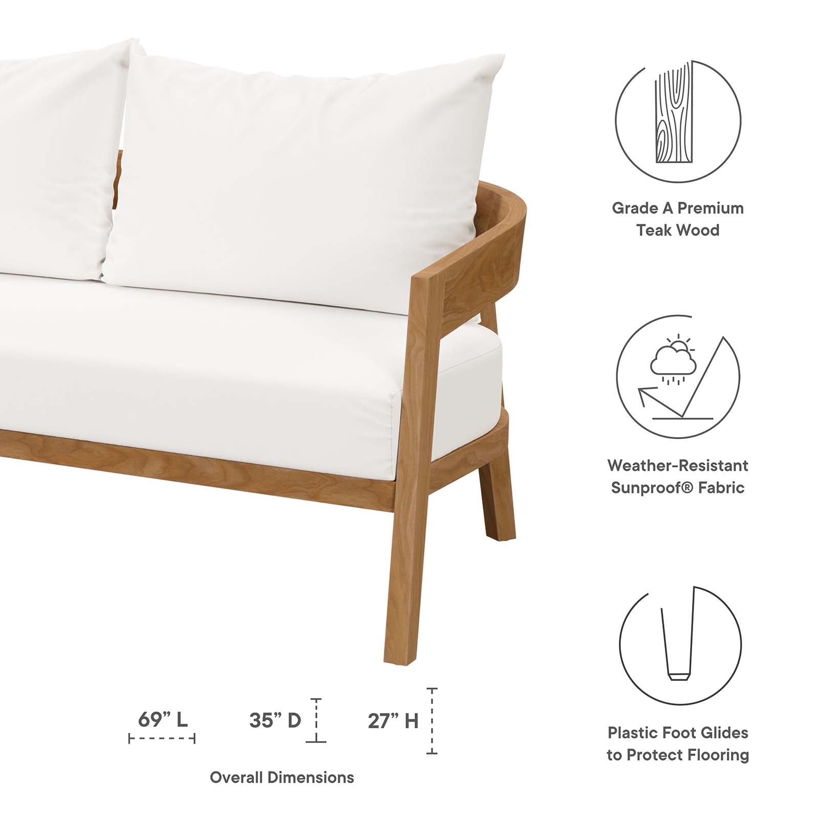 Modway Outdoor Sofas - Brisbane Teak Wood Outdoor Patio Loveseat Natural White