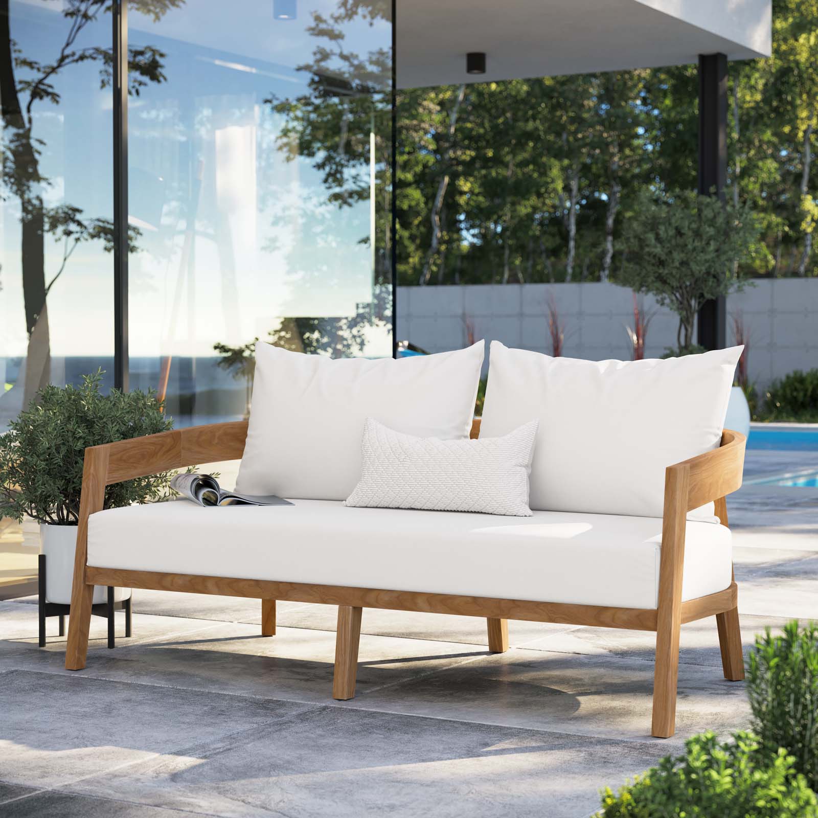 Modway Outdoor Sofas - Brisbane Teak Wood Outdoor Patio Loveseat Natural White