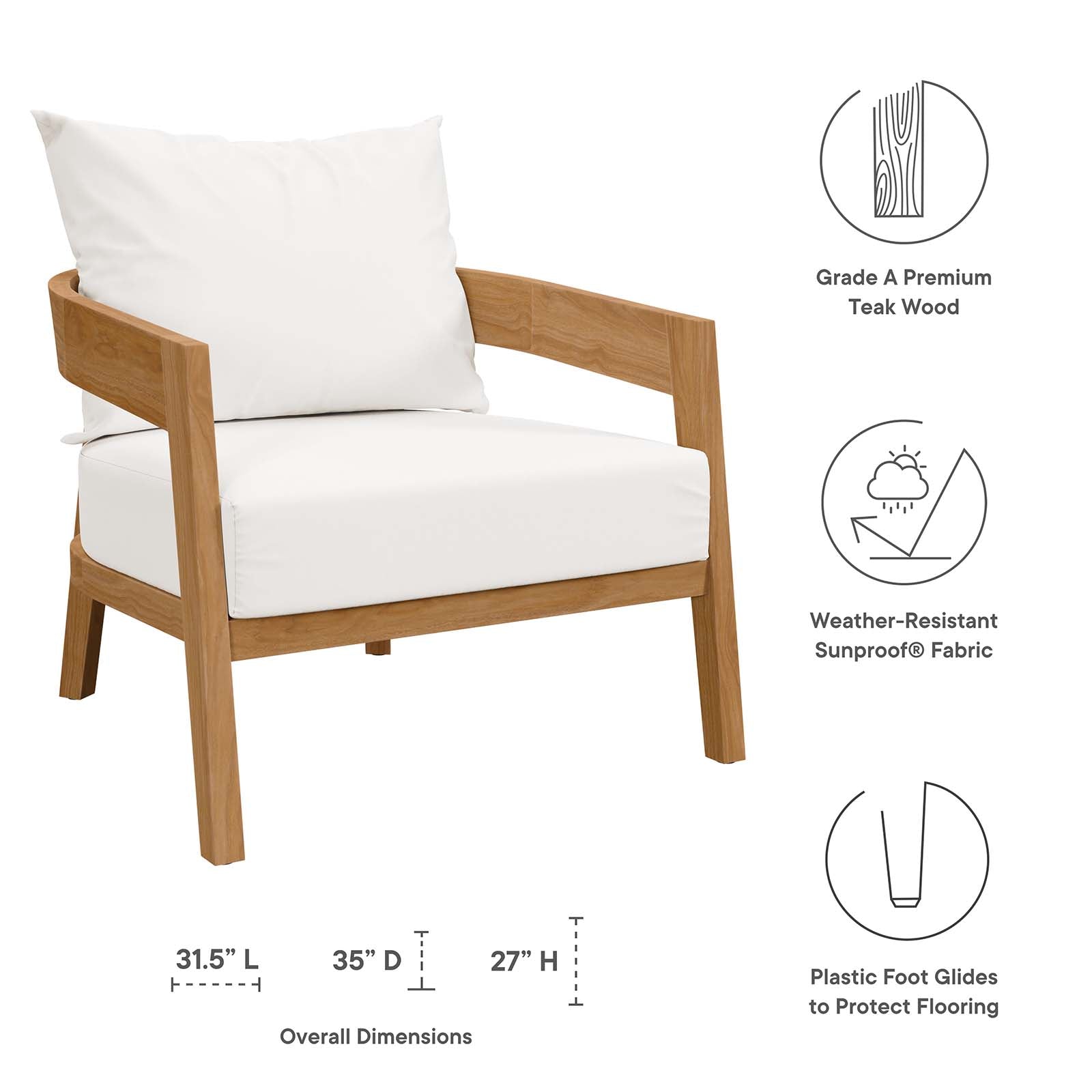 Modway Outdoor Chairs - Brisbane Teak Wood Outdoor Patio Armchair Natural White