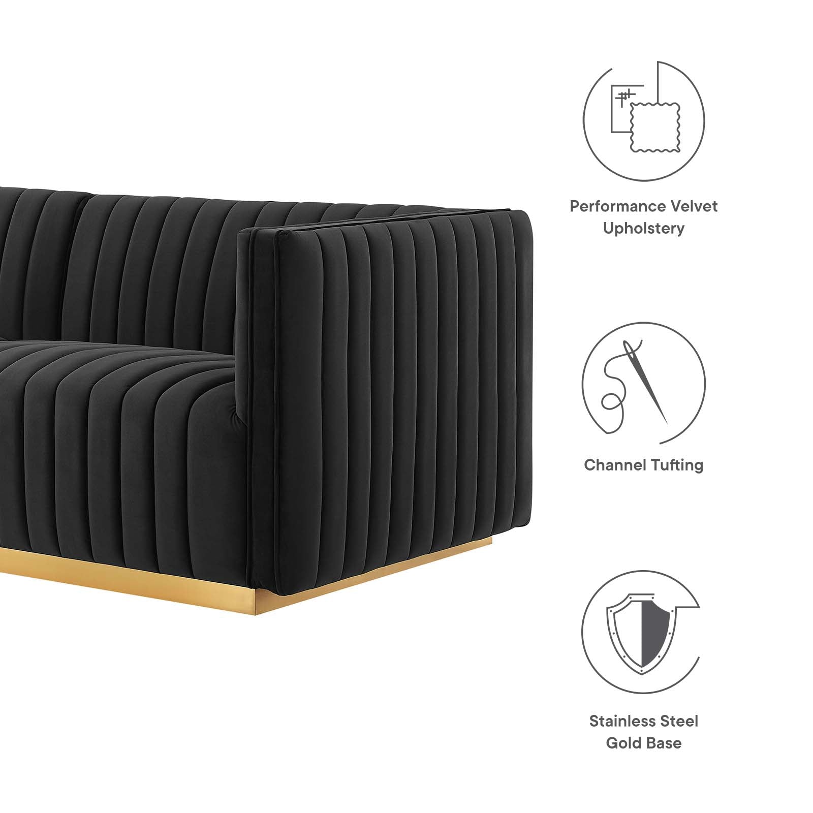 Modway Sectional Sofas - Conjure Channel Tufted Velvet 4 Piece Sectional Gold Black