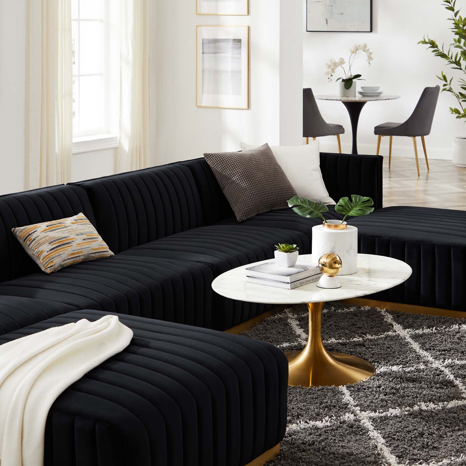 Modway Sectional Sofas - Conjure Channel Tufted Performance Velvet 6 Piece Sectional Gold Black