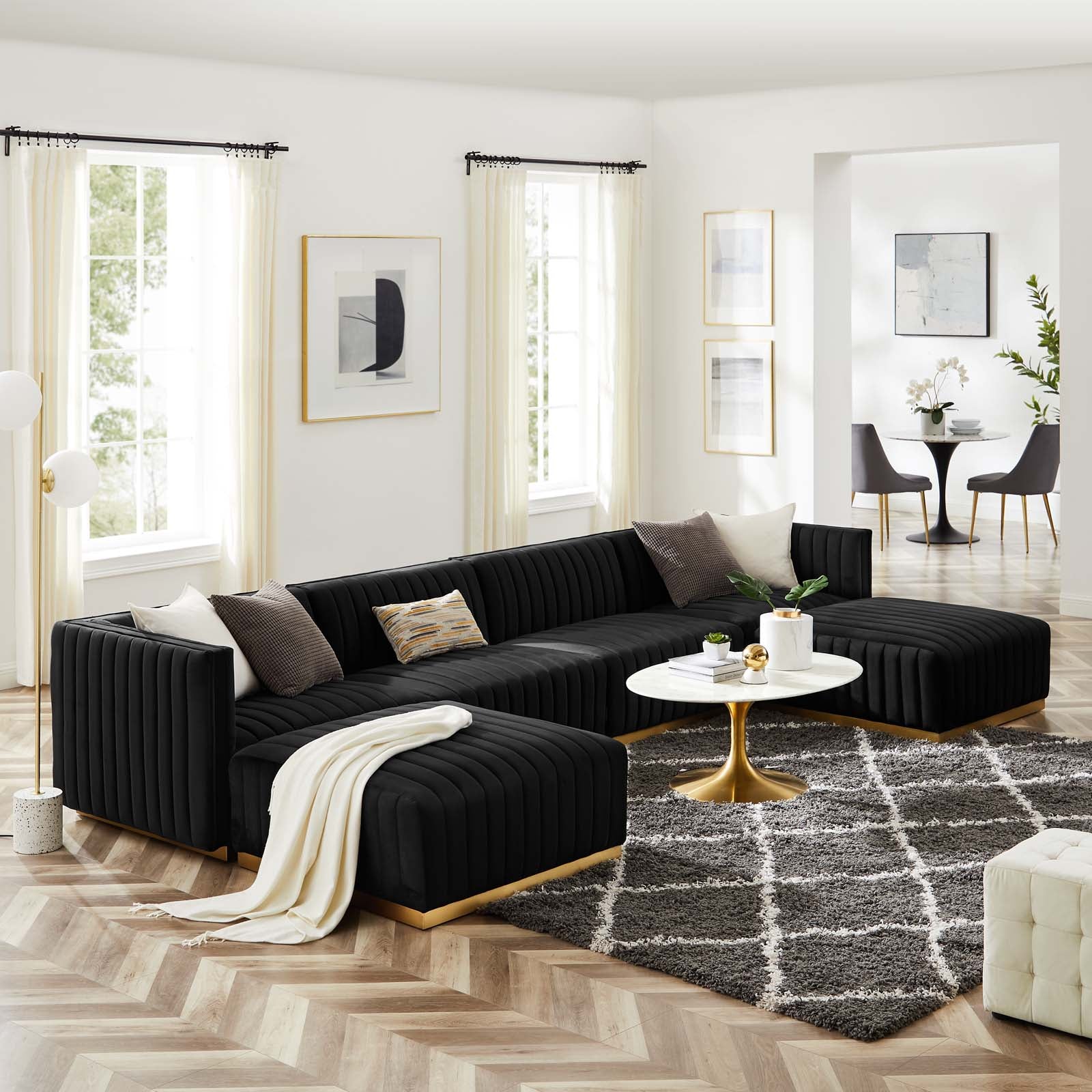 Modway Sectional Sofas - Conjure Channel Tufted Performance Velvet 6 Piece Sectional Gold Black