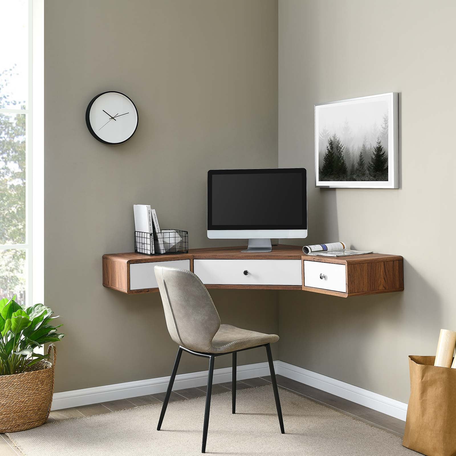 Modway Desks - Transmit 47" Wall Mount Corner Walnut Office Desk Walnut White