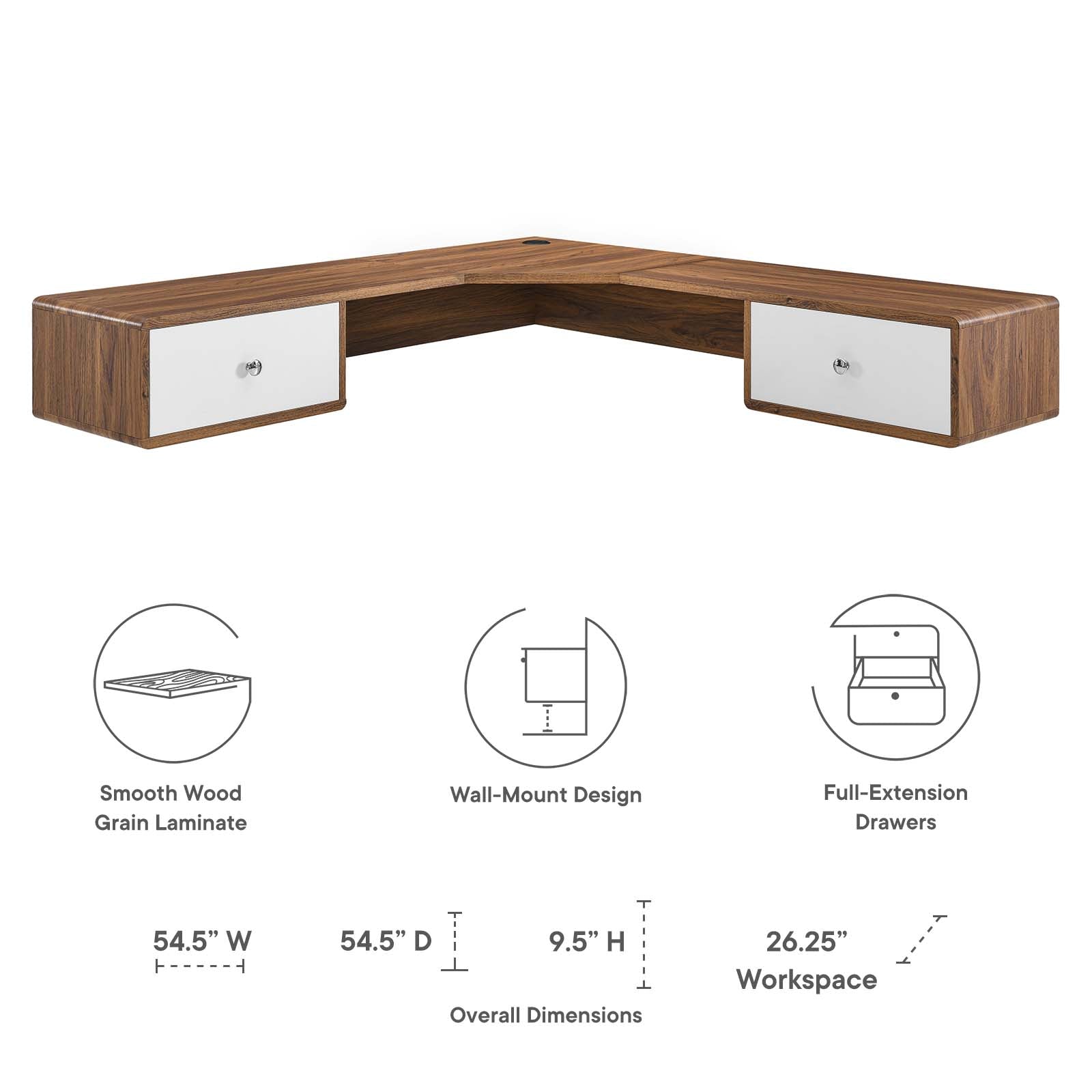 Modway Desks - Transmit 55" Wall Mount Corner Wood Office Desk Walnut White