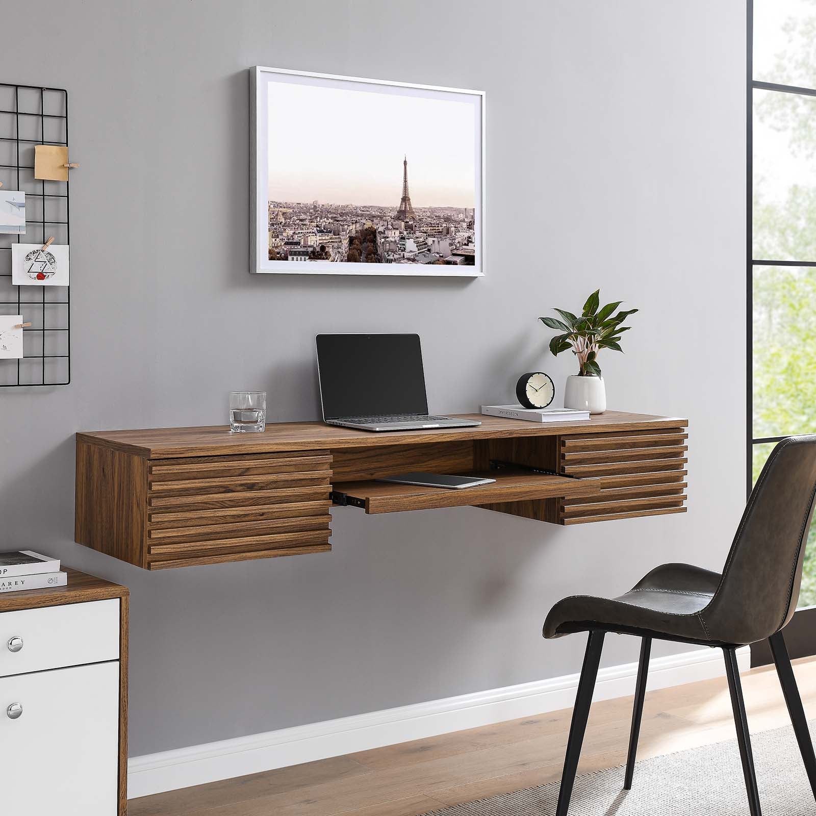 Modway Desks - Render Wall Mount Wood Office Desk Walnut