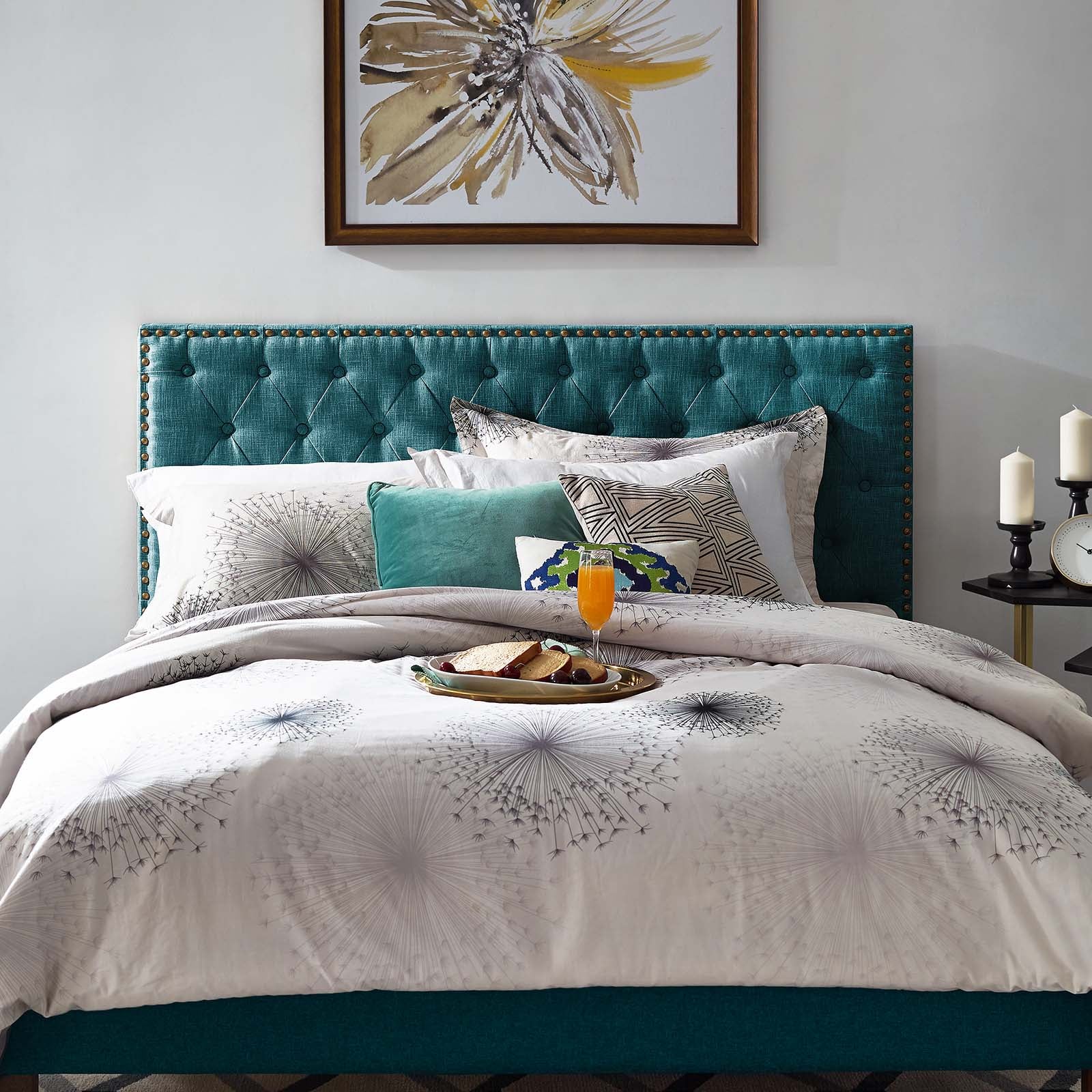 Modway Headboards - Helena Tufted King and California King Upholstered Linen Fabric Headboard Teal