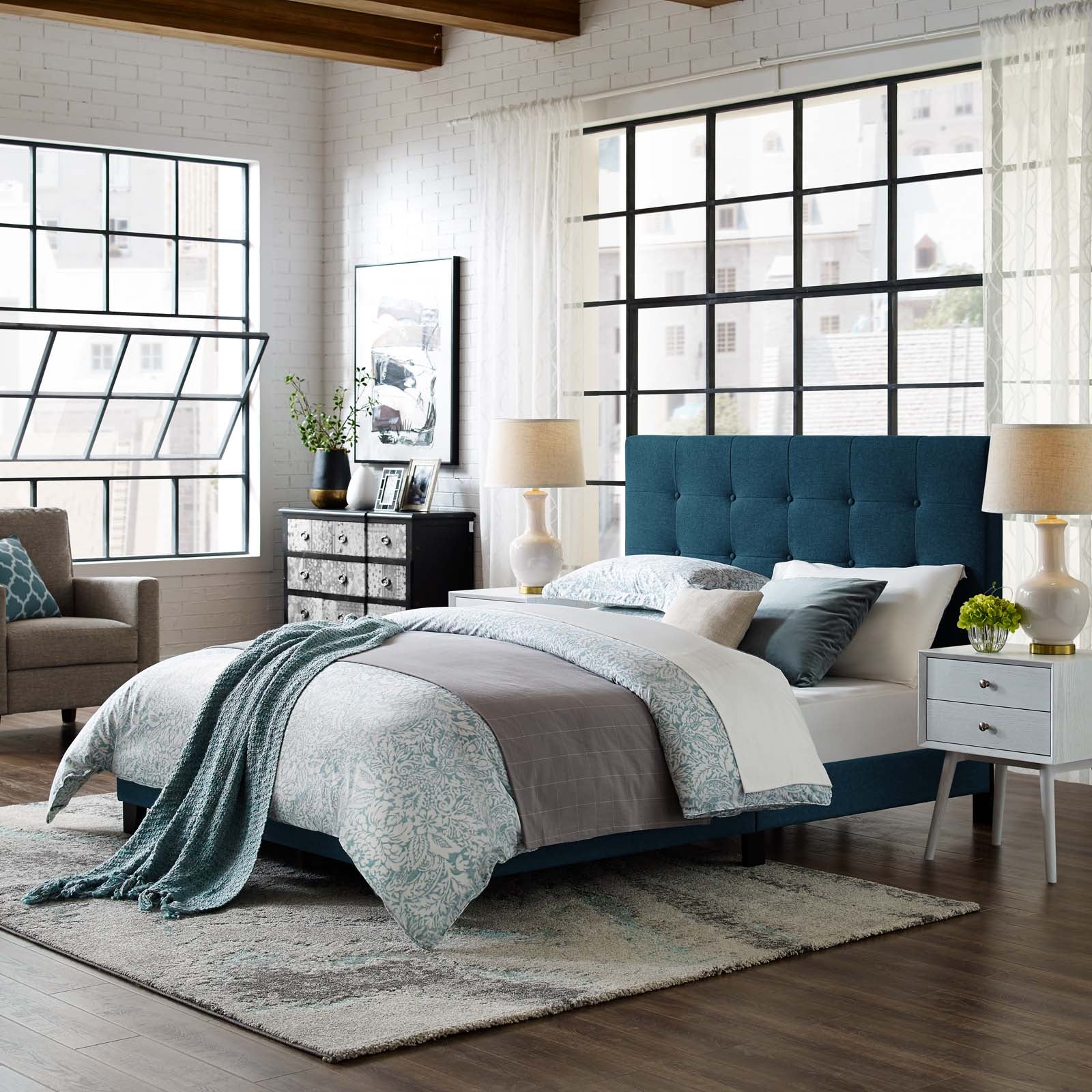 Modway Beds - Melanie Queen Tufted Button Upholstered Fabric Platform Bed Azure