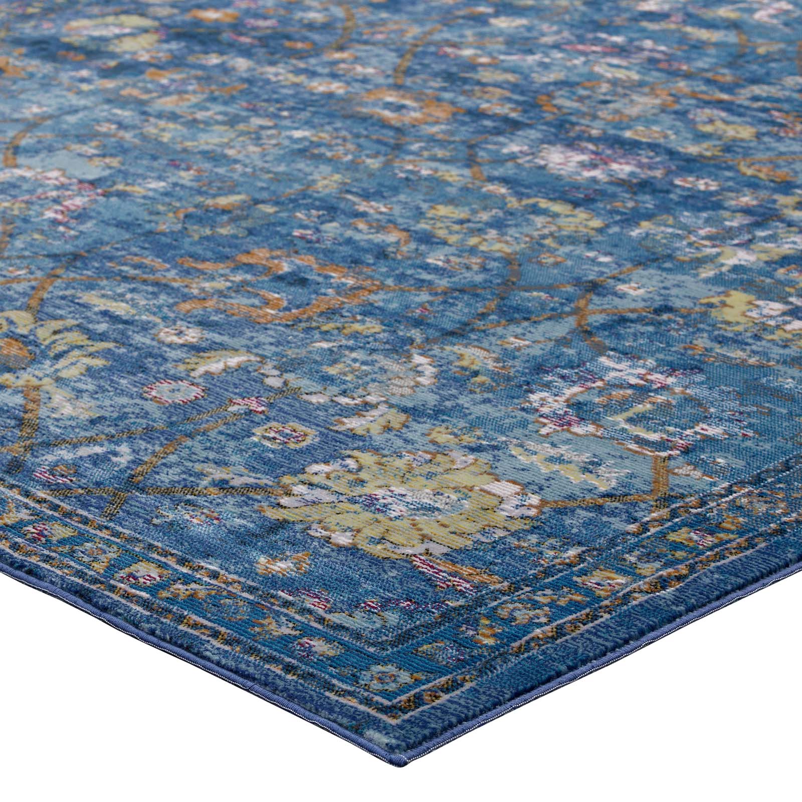 Modway Indoor Rugs - Minu Distressed Floral Lattice 4x6 Area Rug Dark Blue, Yellow & Orange