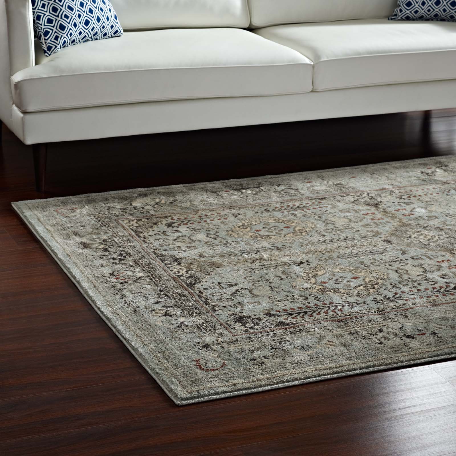 Modway Indoor Rugs - Enye Distressed Vintage Floral Lattice 5x8 Area Rug Brown & Silver Blue