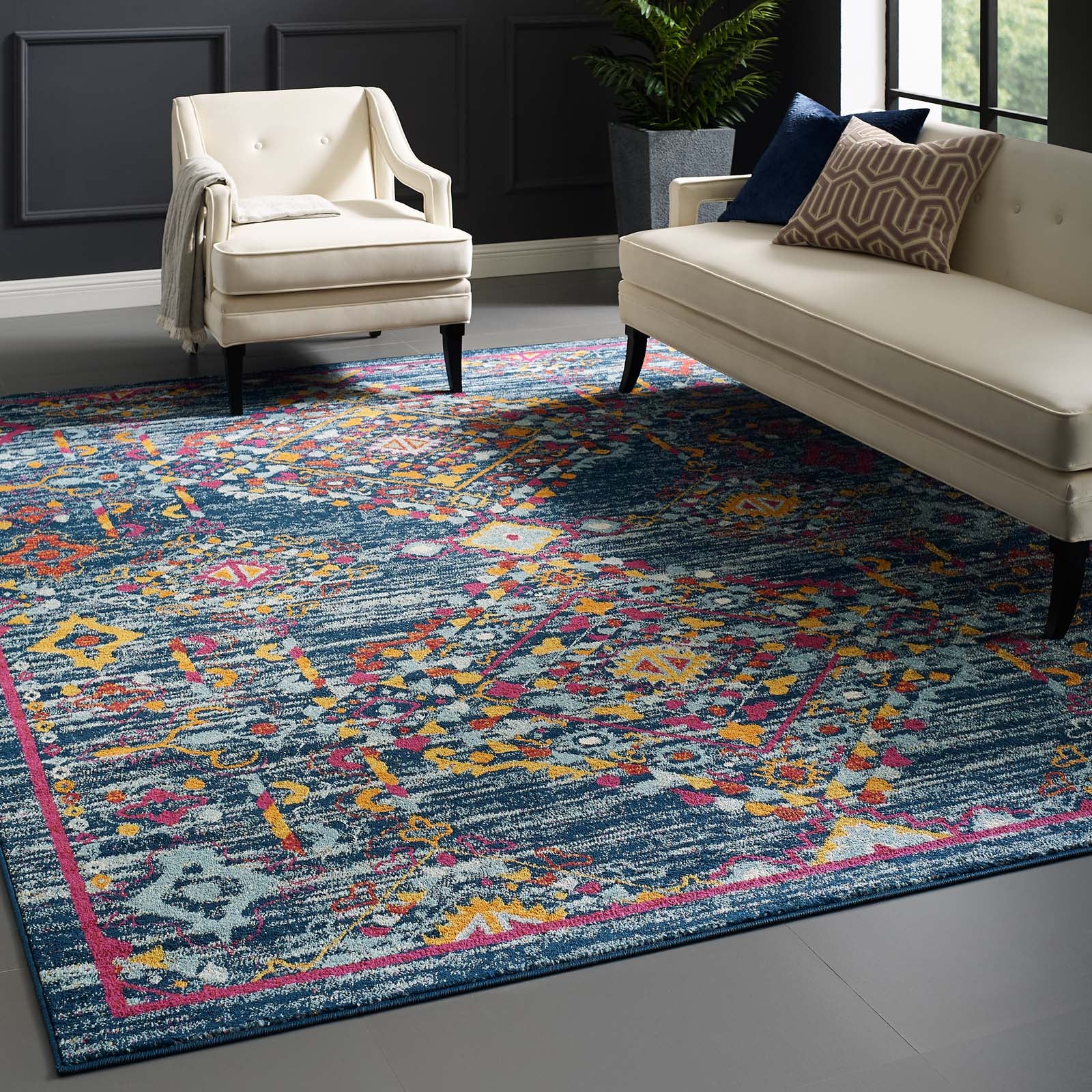 Modway Indoor Rugs - Entourage Khalida Distressed Floral Lattice 8x10 Area Rug Multicolored