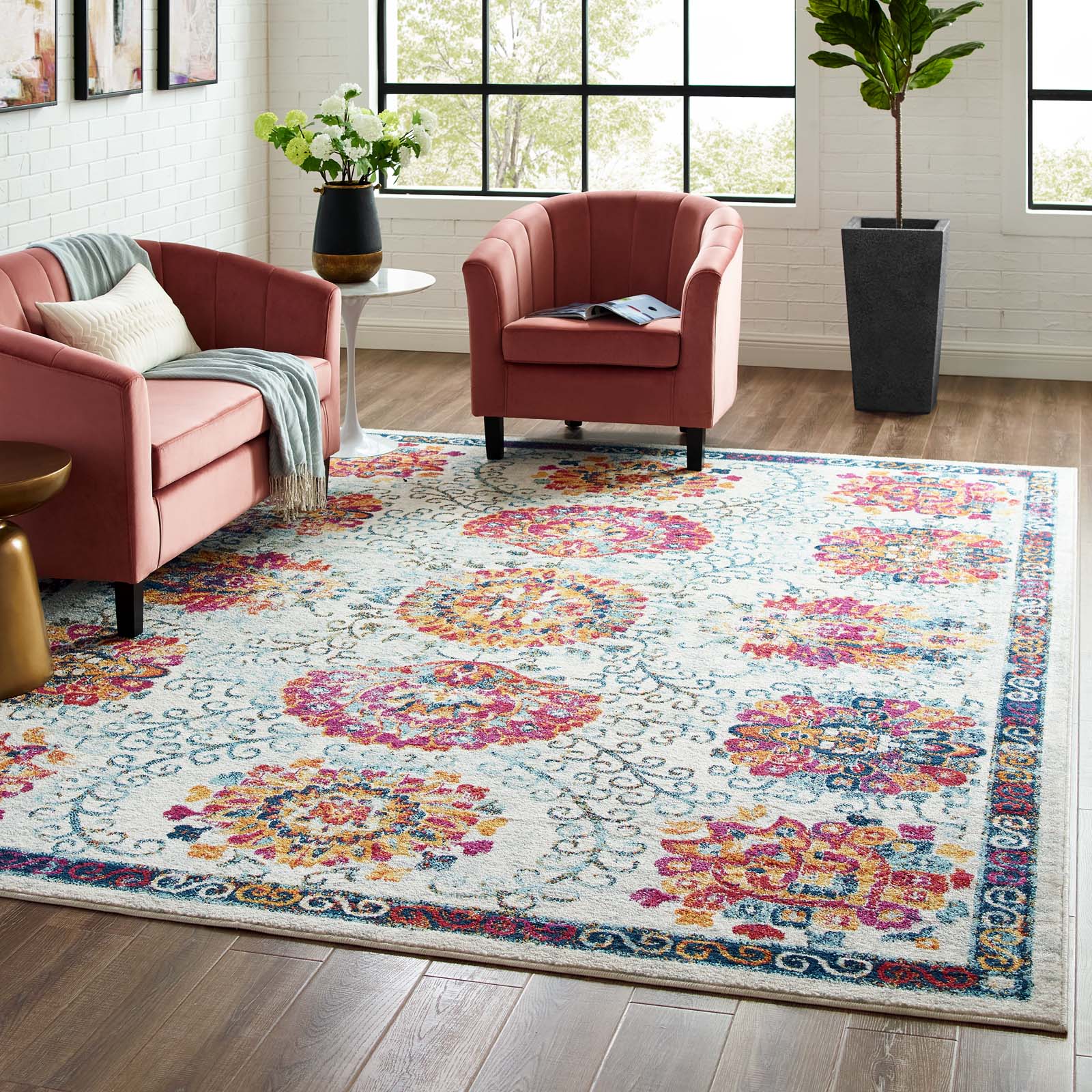 Modway Indoor Rugs - Entourage Kensie Distressed Floral Moroccan Trellis 8x10 Area Rug Multicolored