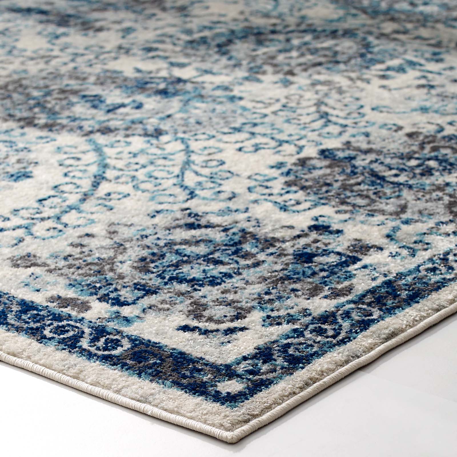 Modway Indoor Rugs - Entourage Kensie Distressed Floral Moroccan Trellis 8x10 Area Rug Ivory & Blue