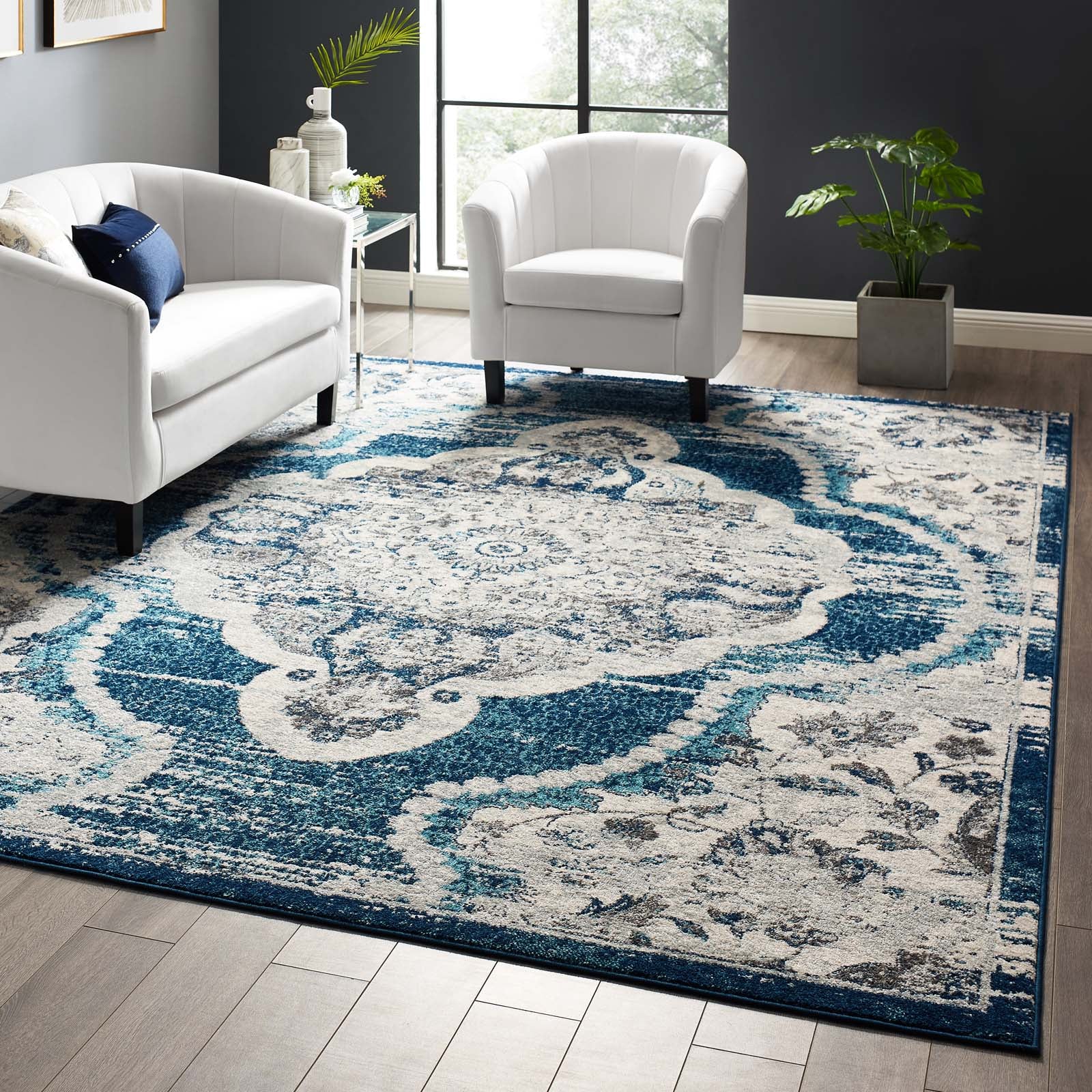 Modway Indoor Rugs - Entourage Malia Persian Medallion 8x10 Area Rug Ivory & Blue