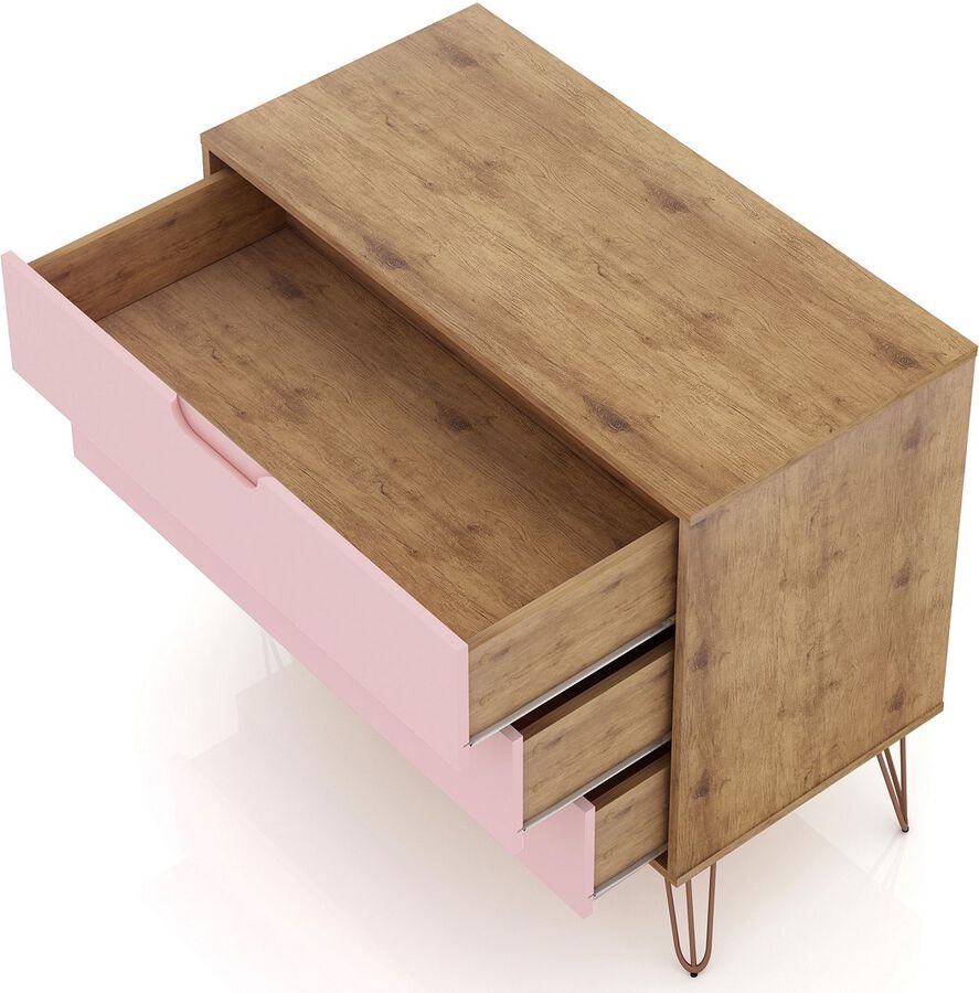 Manhattan Comfort Dressers - Rockefeller Mid-Century- Modern Dresser with 3- Drawers in Nature & Rose Pink