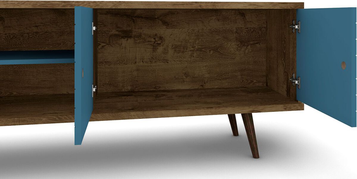 Manhattan Comfort TV & Media Units - Liberty 62.99 Mid-Century Modern TV Stand & Panel with Solid Wood Legs in Rustic Brown & Aqua Blue